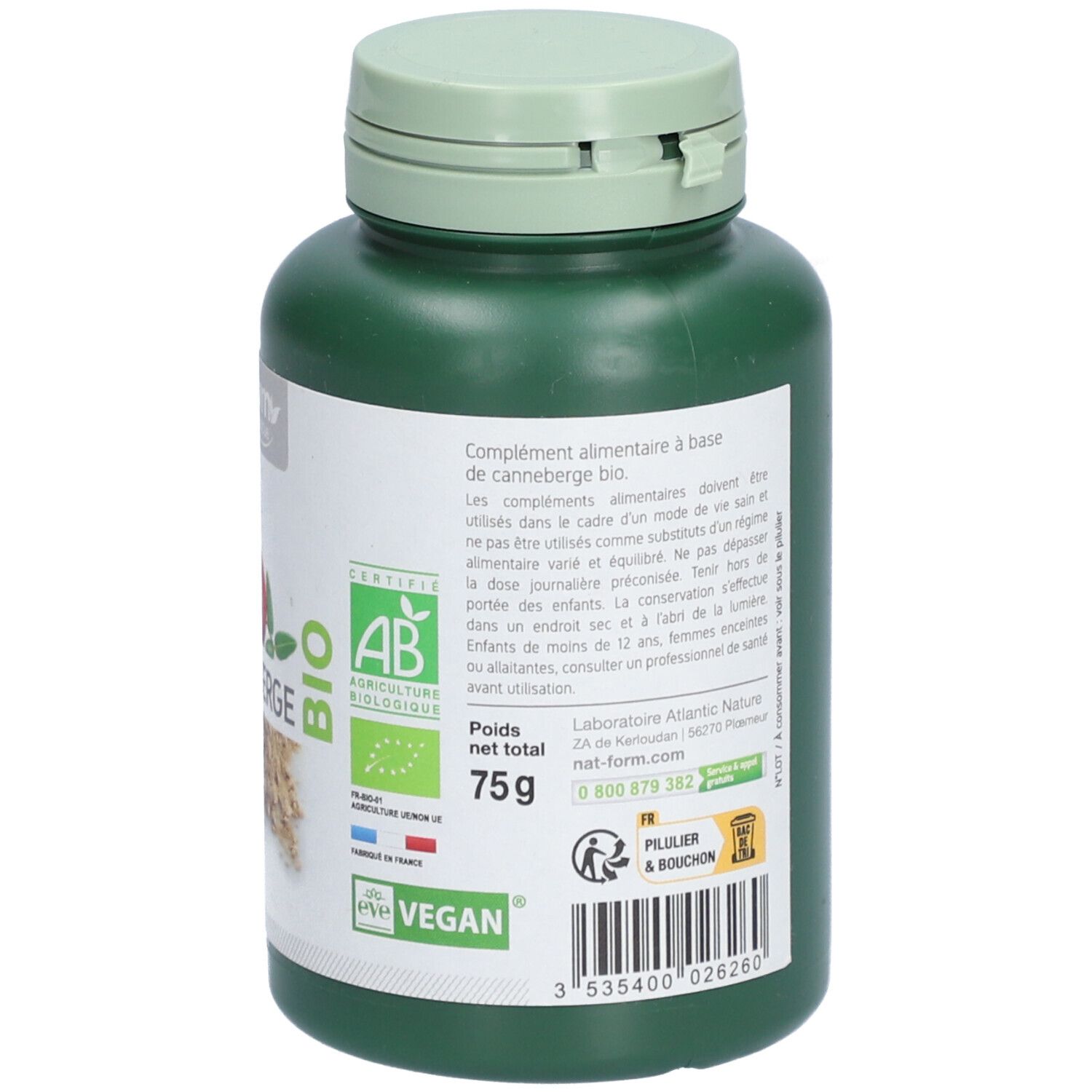 Dos du flacon vert. Texte: Complément alimentaire bio. Label AB, label Vegan. Poids: 75g.