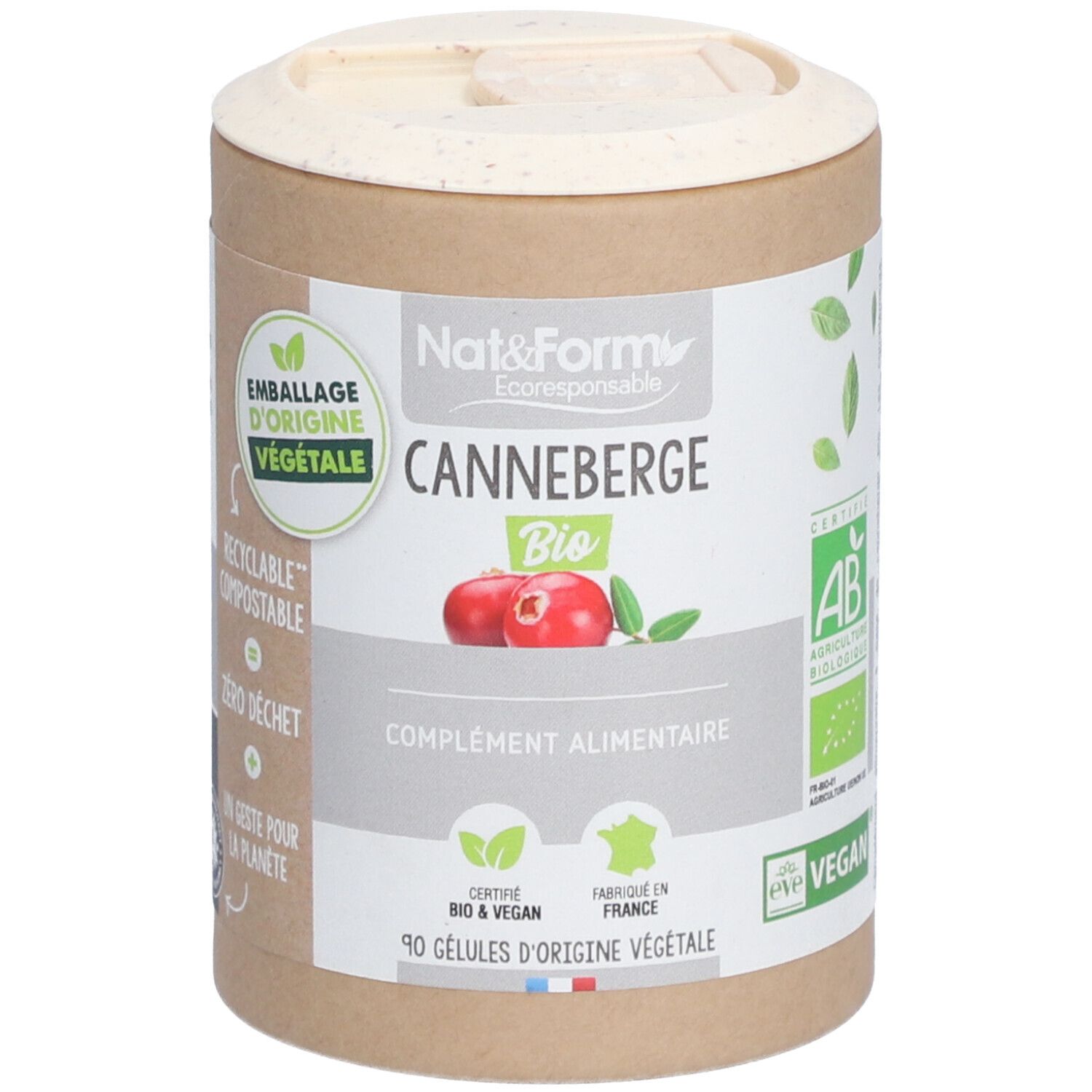 Boîte cylindrique avec couvercle. Inscription : CANNEBERGE BIO, complétée par des logos et du texte. Contient 90 gélules.