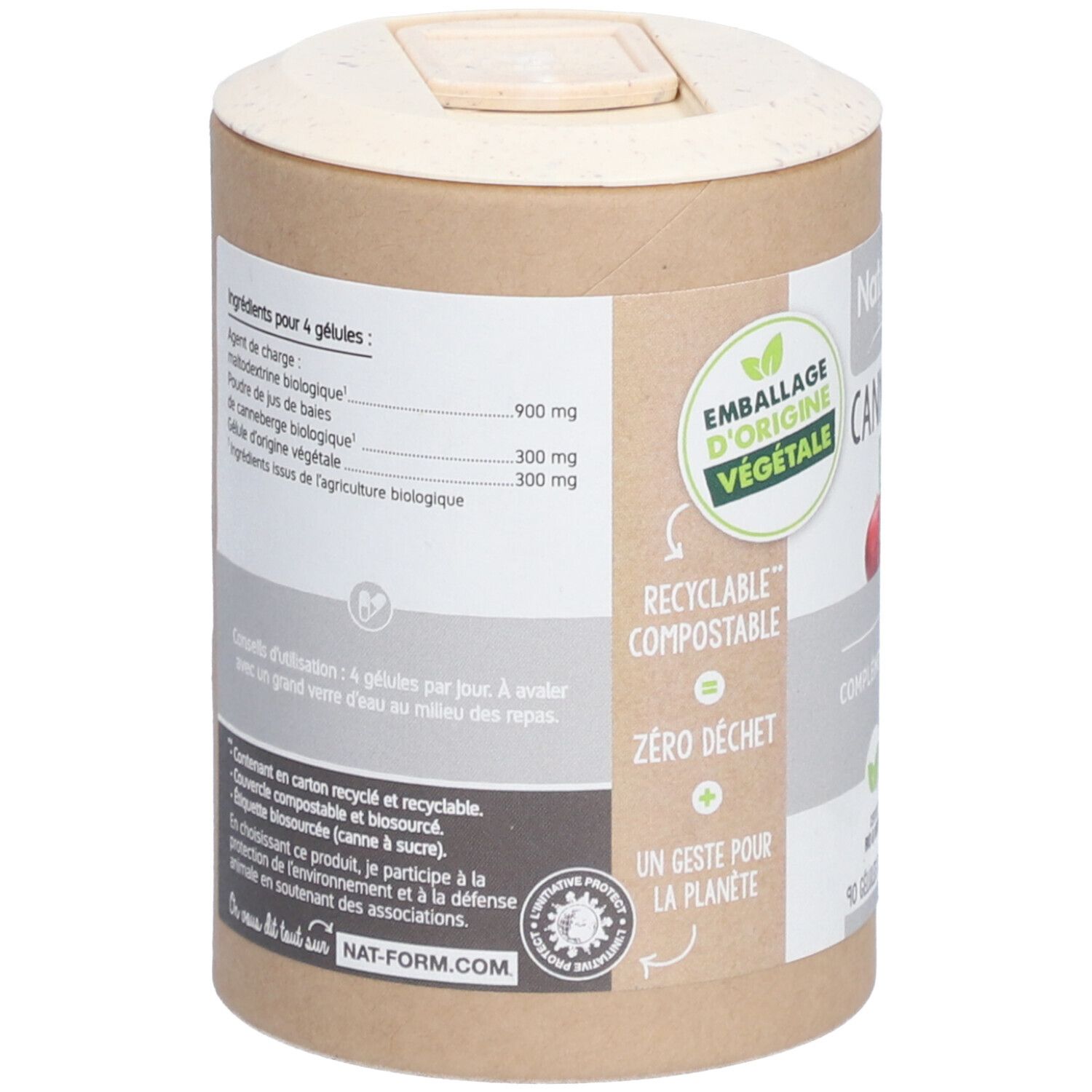 Vue arrière de la boîte. Texte avec ingrédients et mode d'emploi. Inscription : NAT-FORM.com. Recyclable, compostable.