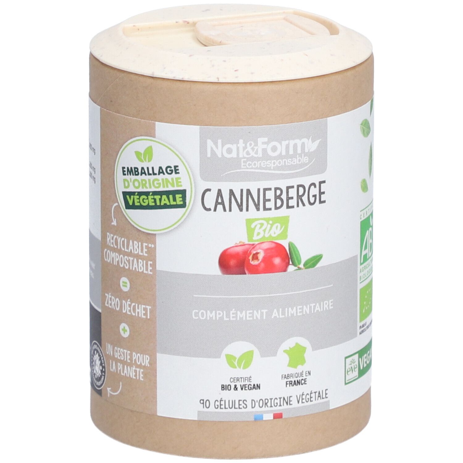 Boîte cylindrique avec couvercle. Inscription : CANNEBERGE BIO, complétée par des logos et du texte. Contient 90 gélules.