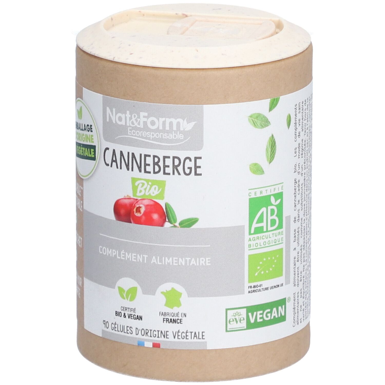Boîte cylindrique avec couvercle. Inscription : CANNEBERGE BIO, complétée par des logos et du texte. Contient 90 gélules.