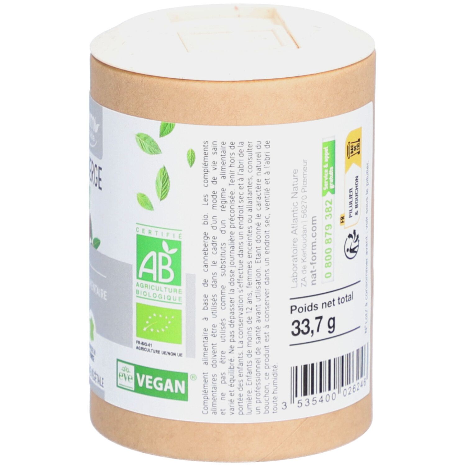 Vue arrière de la boîte. Texte avec ingrédients et mode d'emploi. Inscription : NAT-FORM.com. Recyclable, compostable.