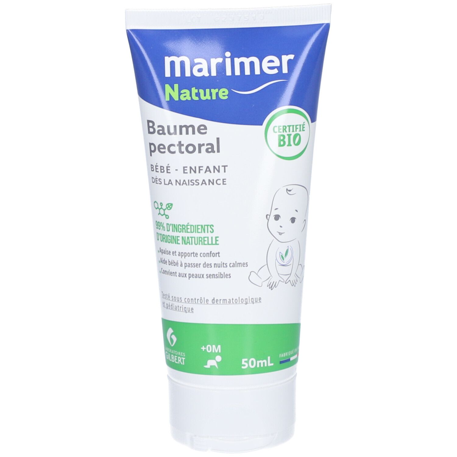 Tube blanc. Inscriptions bleues et vertes. Nom du produit: Marimer Nature Baume pectoral. Certification bio. 50ml.