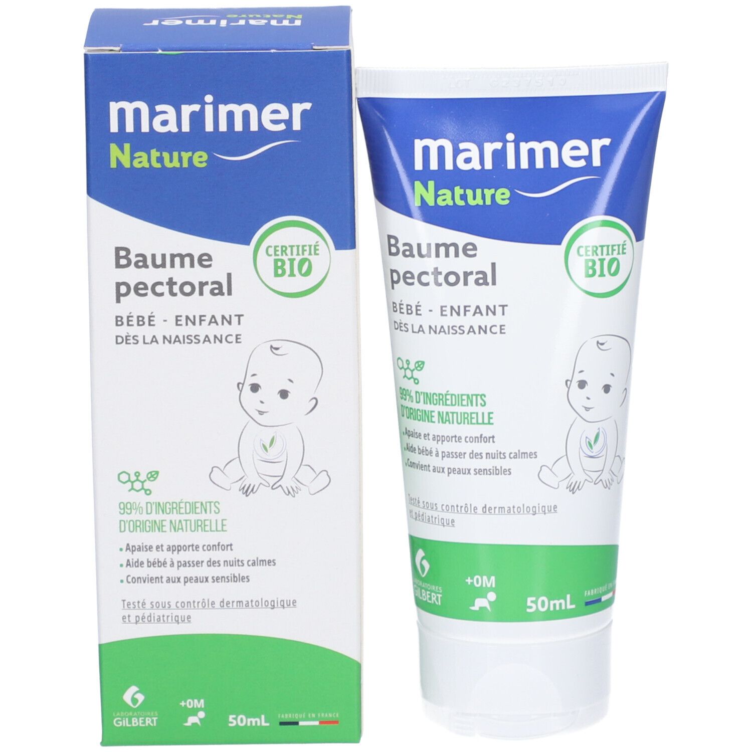 Emballage du produit. Tube et boîte. Marimer Nature Baume pectoral. Certification bio. 50ml. Illustration bébé.