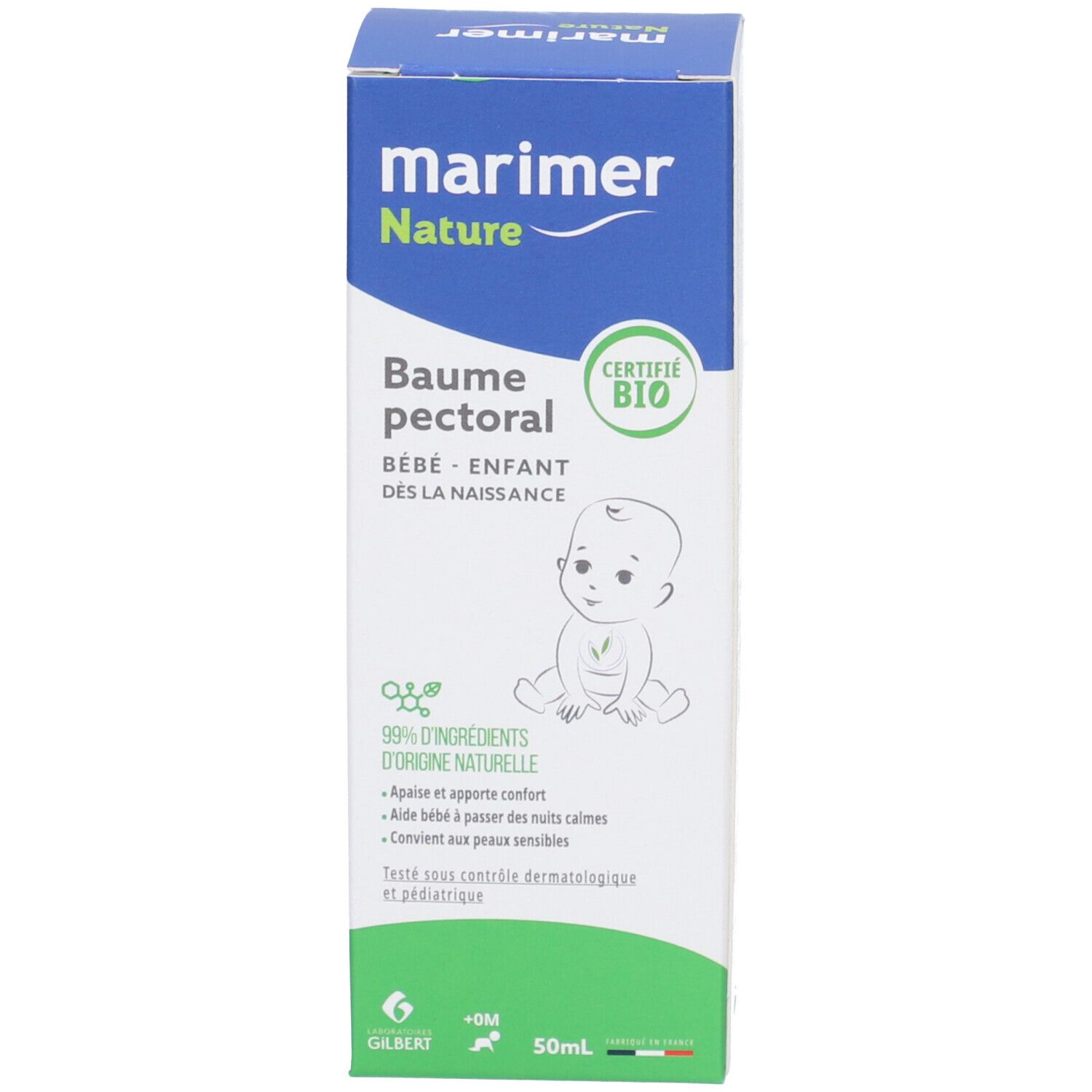Emballage du produit. Boîte. Marimer Nature Baume pectoral. Certification bio. 50ml. Illustration bébé.