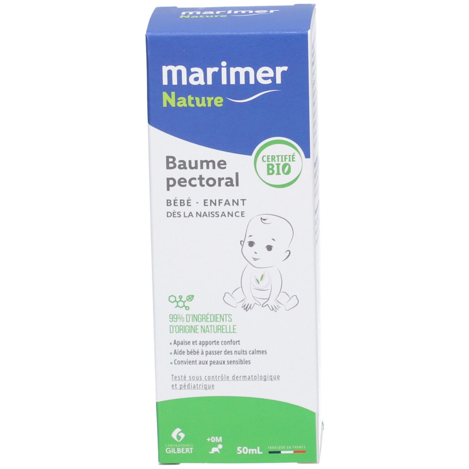 Emballage du produit. Boîte. Marimer Nature Baume pectoral. Certification bio. 50ml. Illustration bébé.