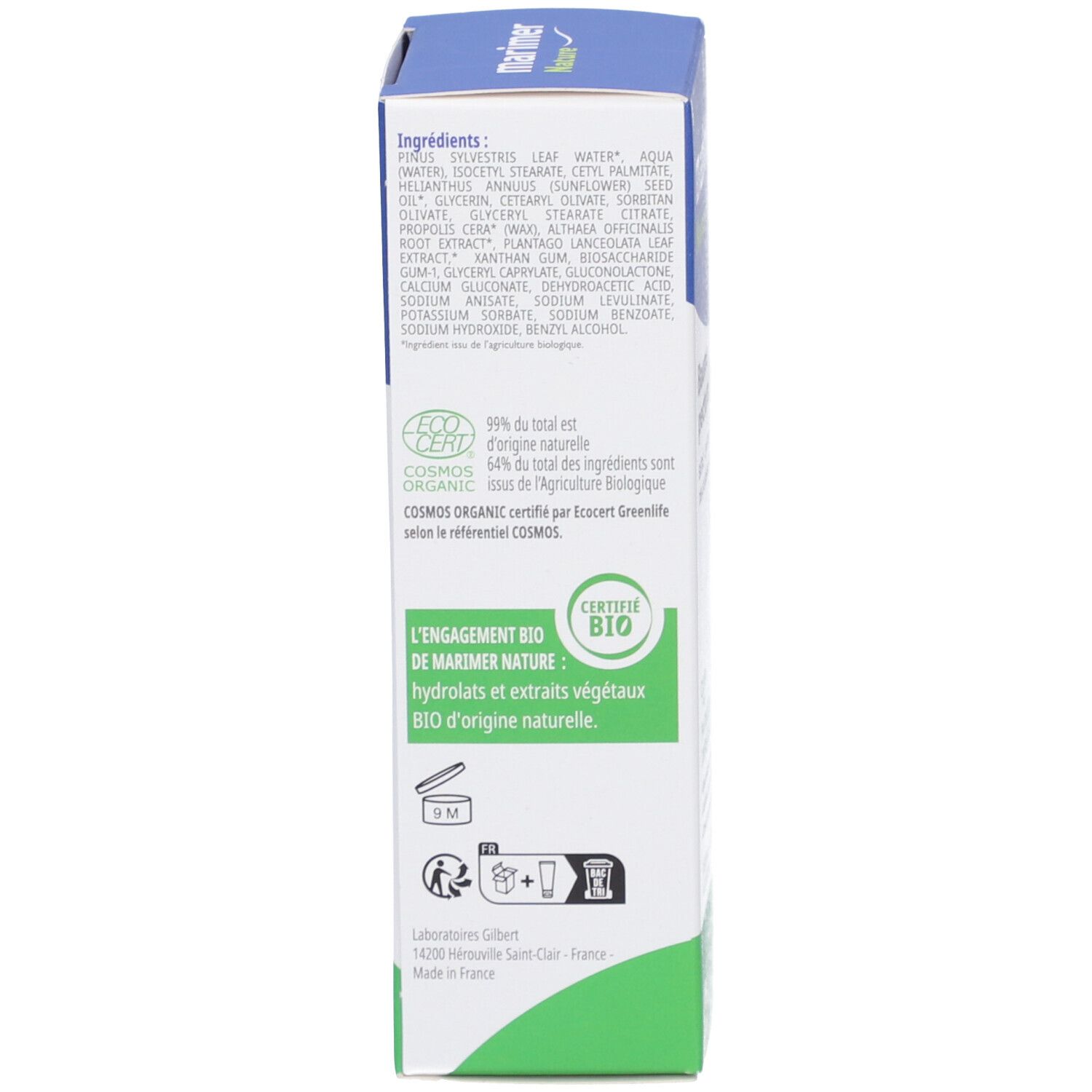Vue latérale de l'emballage du produit. Ingrédients, certification bio, informations fabricant et logos.