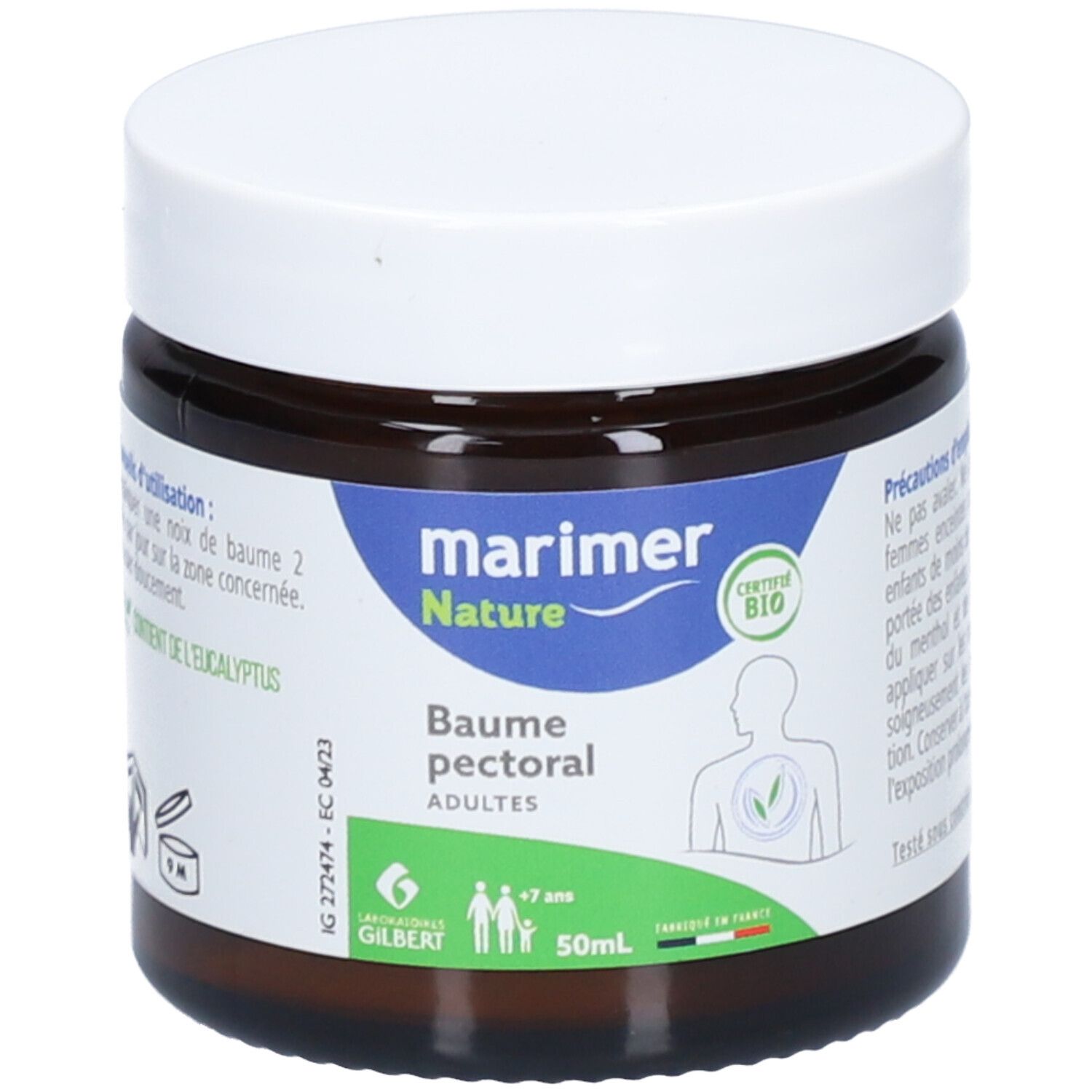 Bruine glazen pot met witte deksel. Etiket met productnaam, logo en certificering. Tekst: Baume pectoral adultes.