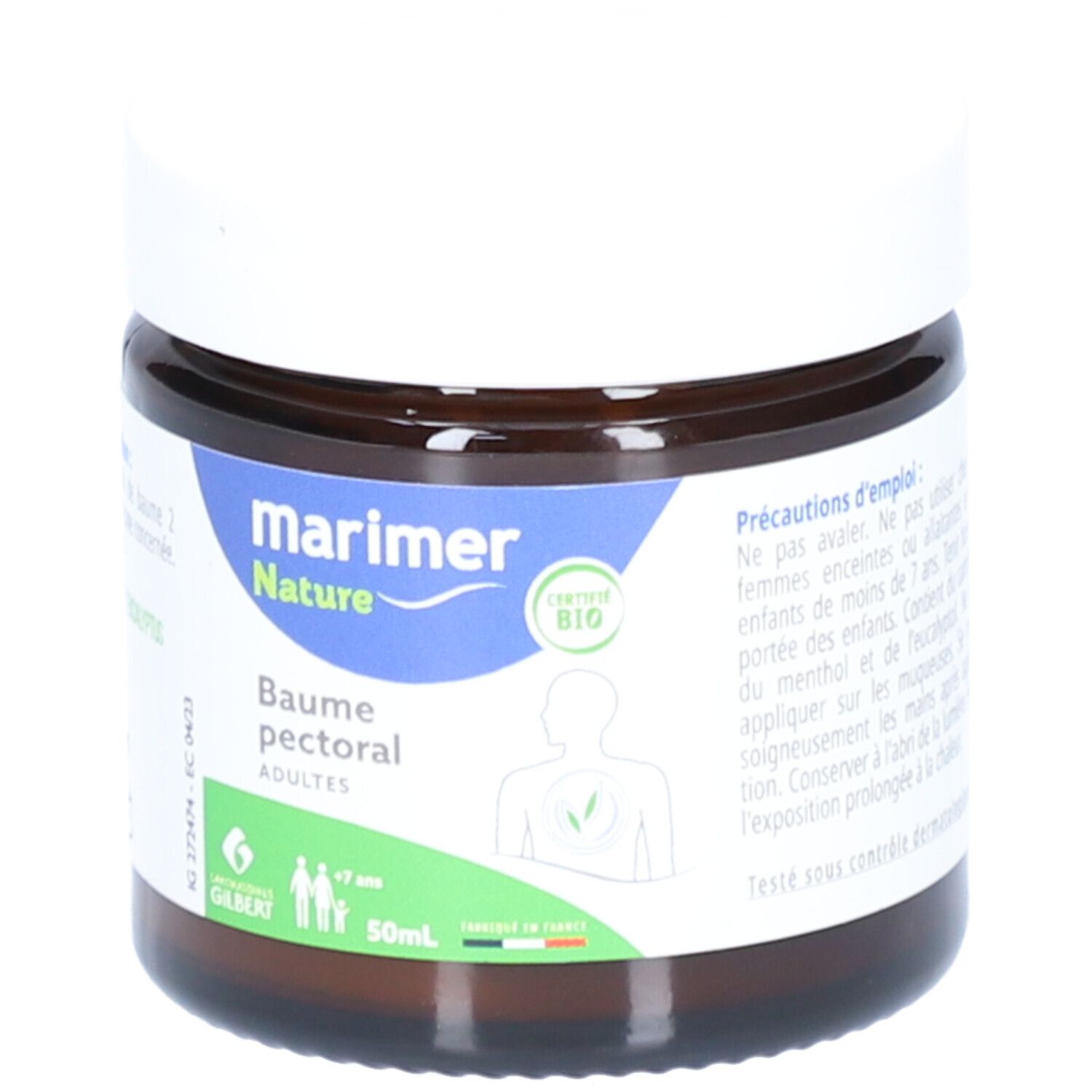 Bruine glazen pot met witte deksel. Etiket met productnaam, logo en certificering. Tekst: Baume pectoral adultes.