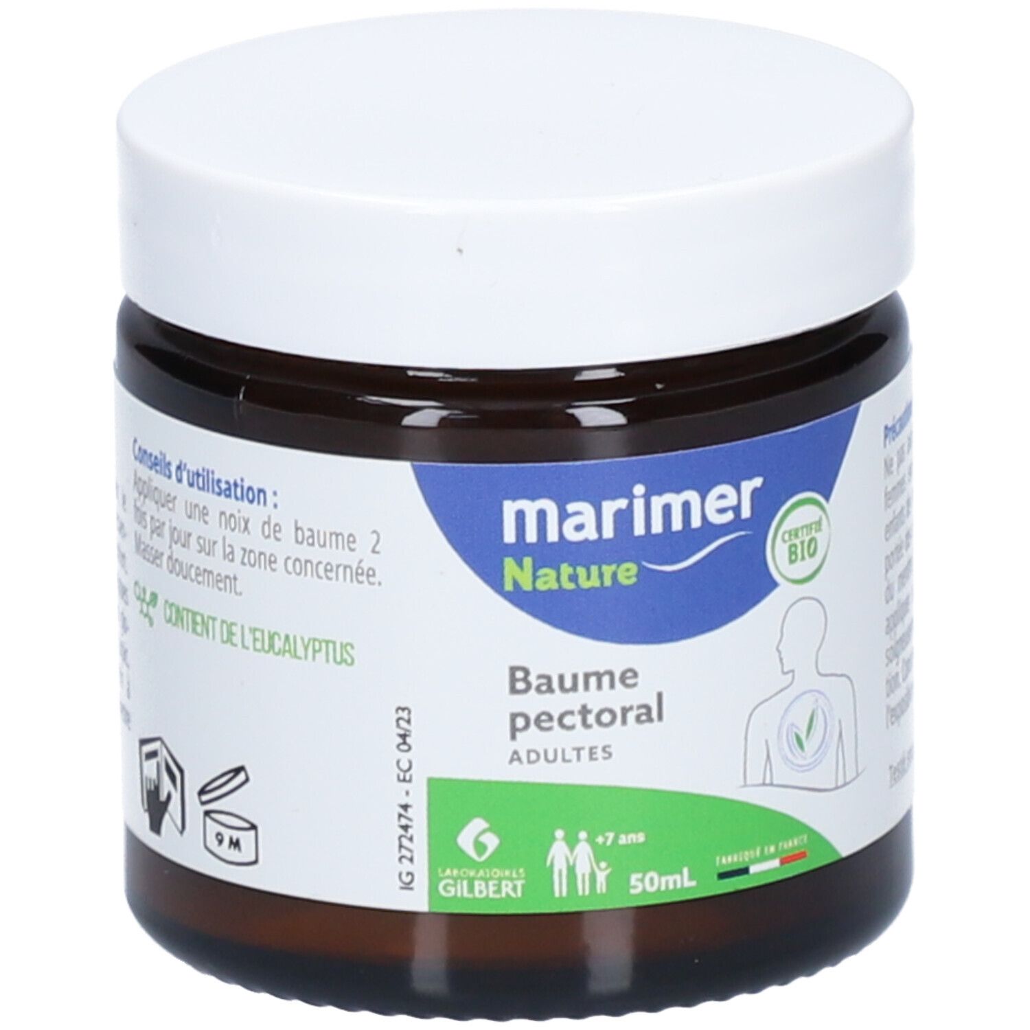 Bruine glazen pot met witte deksel. Etiket met productnaam, logo en certificering. Tekst: Baume pectoral adultes.