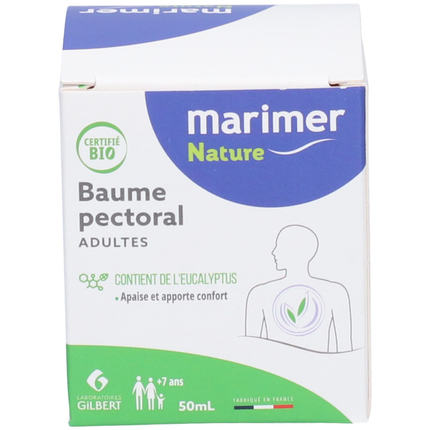 Witte doos met productnaam, logo en certificering. Tekst: Baume pectoral adultes. Bevat 50ml.