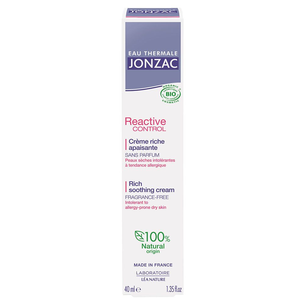Schachtel mit blauer und rosa Beschriftung. Enthält Creme. Aufschrift: Jonzac, Reactive Control, Crème riche apaisante, sans parfum.