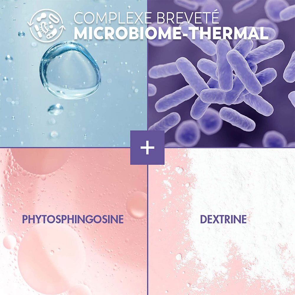 Vier Elemente: Wasserblase, Bakterien, Phytosphingosin und Dextrin. Beschriftung: Complexe breveté Microbiome-Thermal.