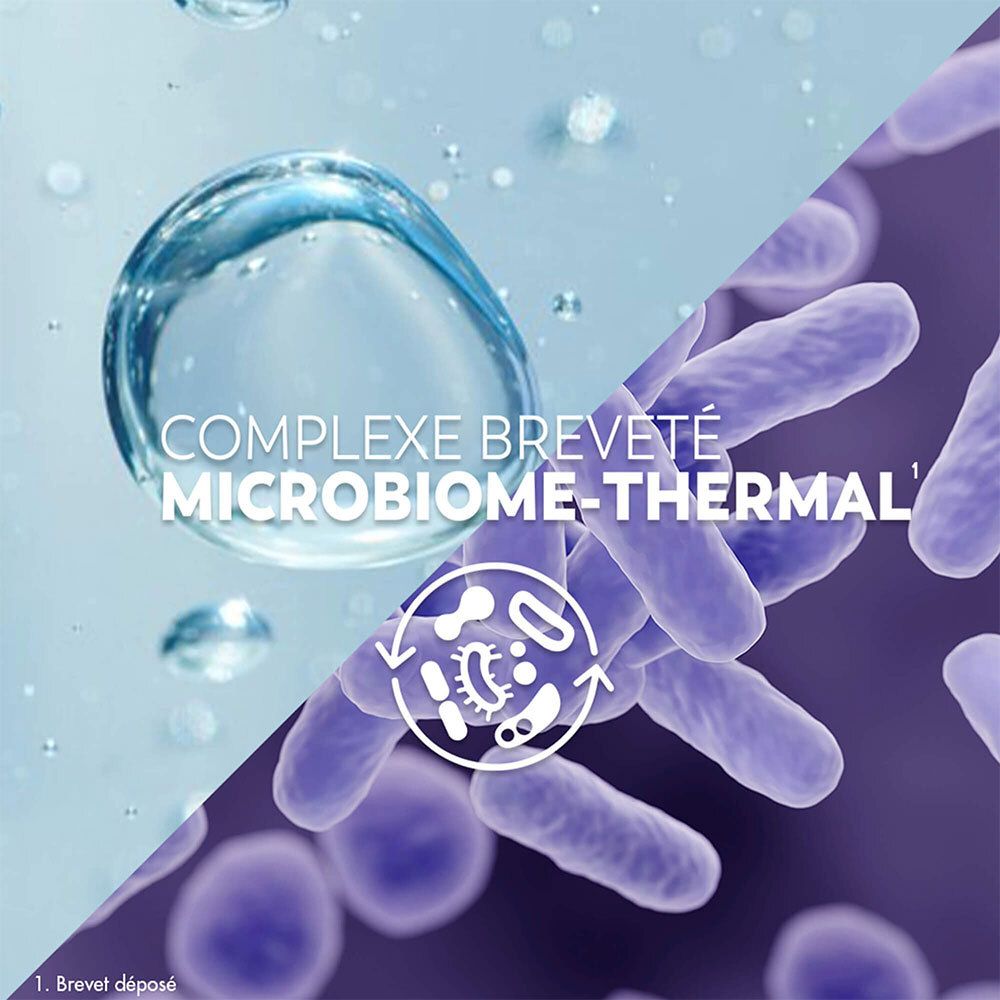 Grafik mit Wasserblase und Bakterien. Text: Complexe breveté Microbiome-Thermal. 1. Brevet déposé.