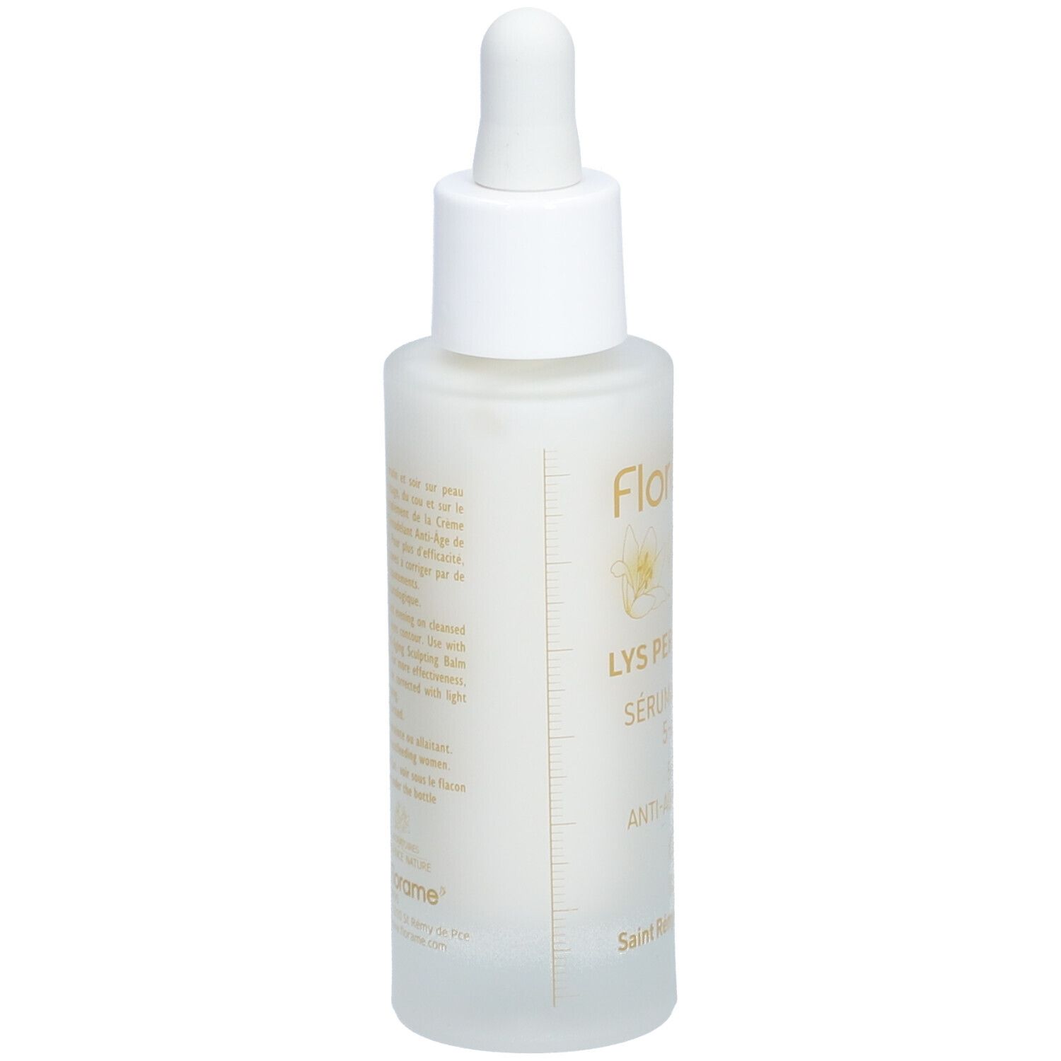 Serumflasche, Rückansicht. Aufschrift: Florame, Lys Perfection, Sérum anti-âge, Anti-Aging Serum. Text.