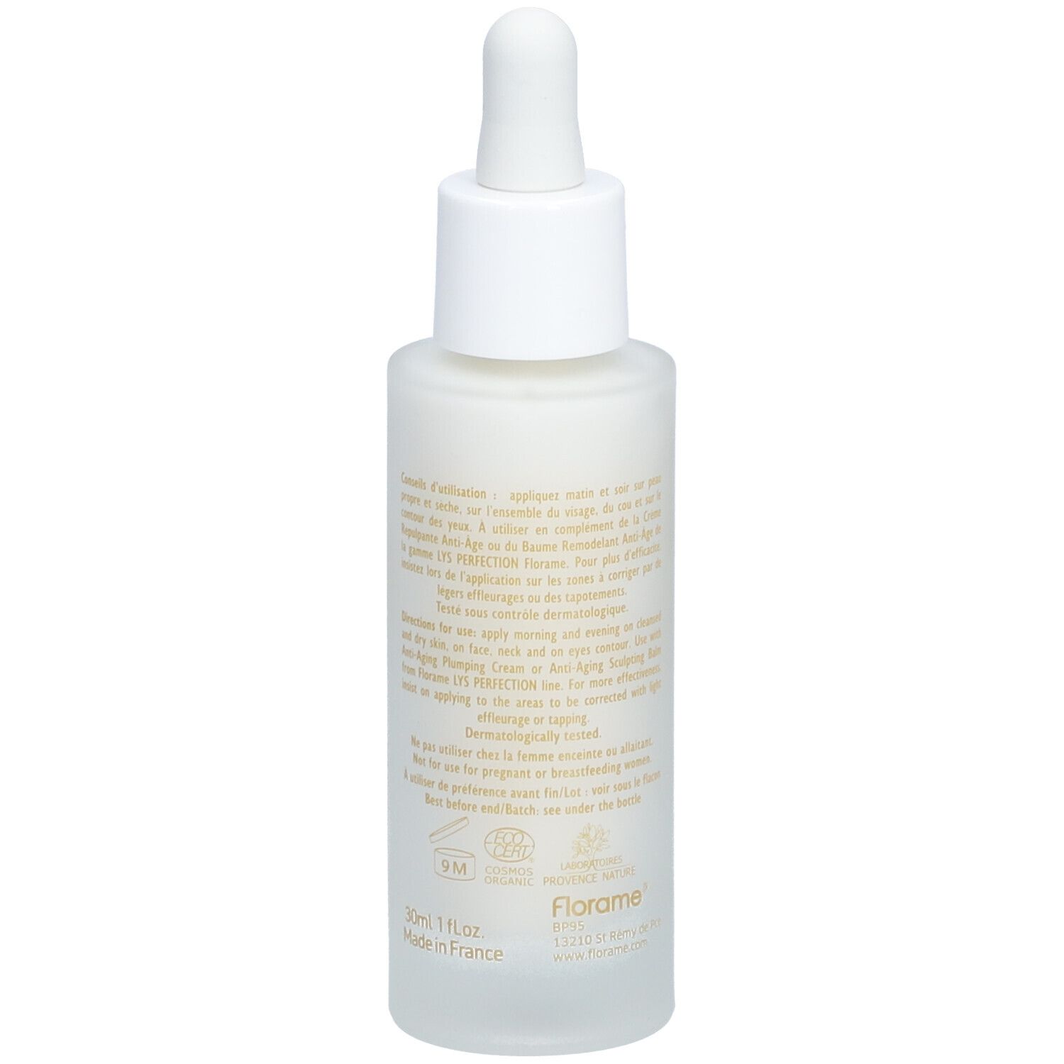 Serumflasche, Rückansicht. Text in Gold. Aufschrift: Florame, Lys Perfection, Sérum anti-âge, Anti-Aging Serum.