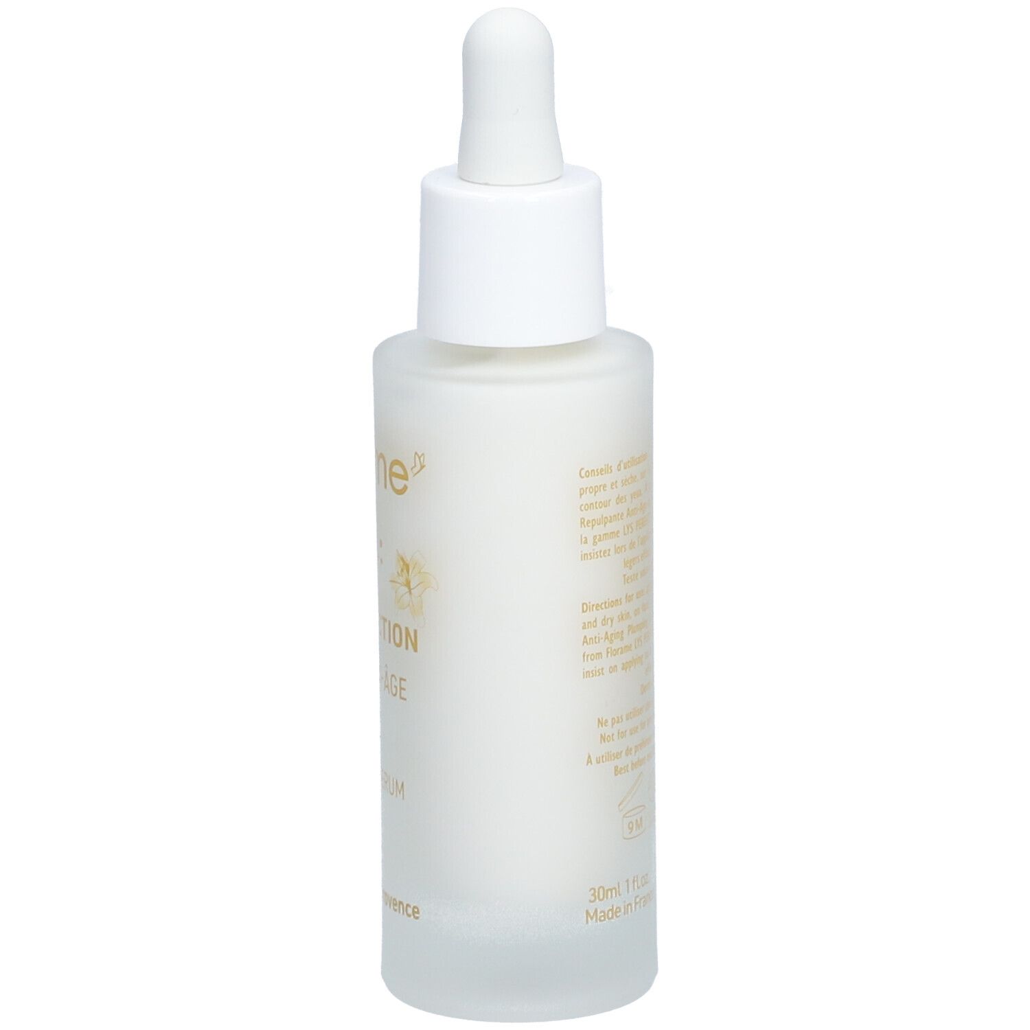 Serumflasche, Rückansicht. Text in Gold. Aufschrift: Florame, Lys Perfection, Sérum anti-âge, Anti-Aging Serum.
