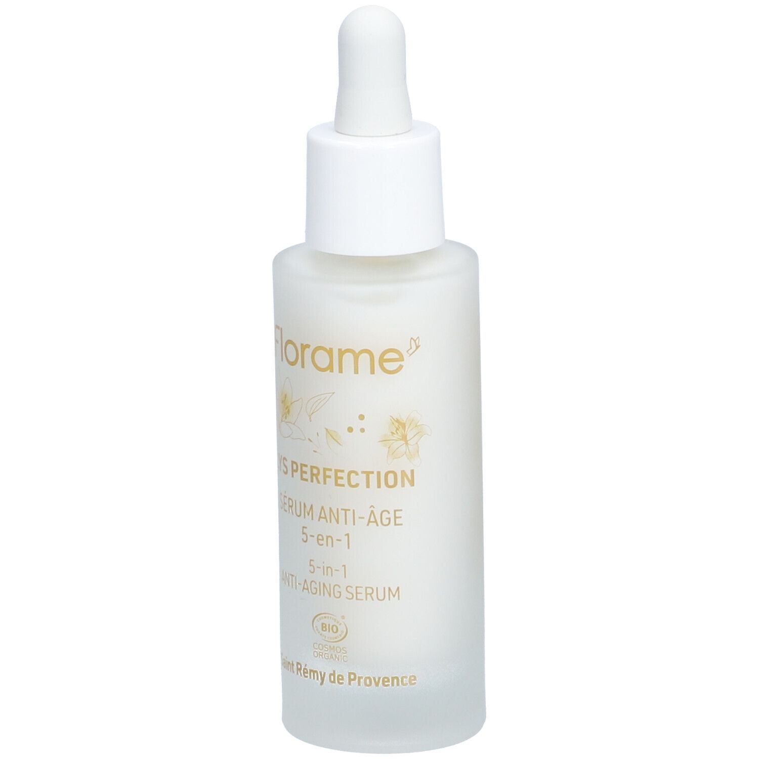 Serumflasche mit Pipette. Aufschrift: Florame, Lys Perfection, Sérum anti-âge 5-en-1, Anti-Aging Serum.