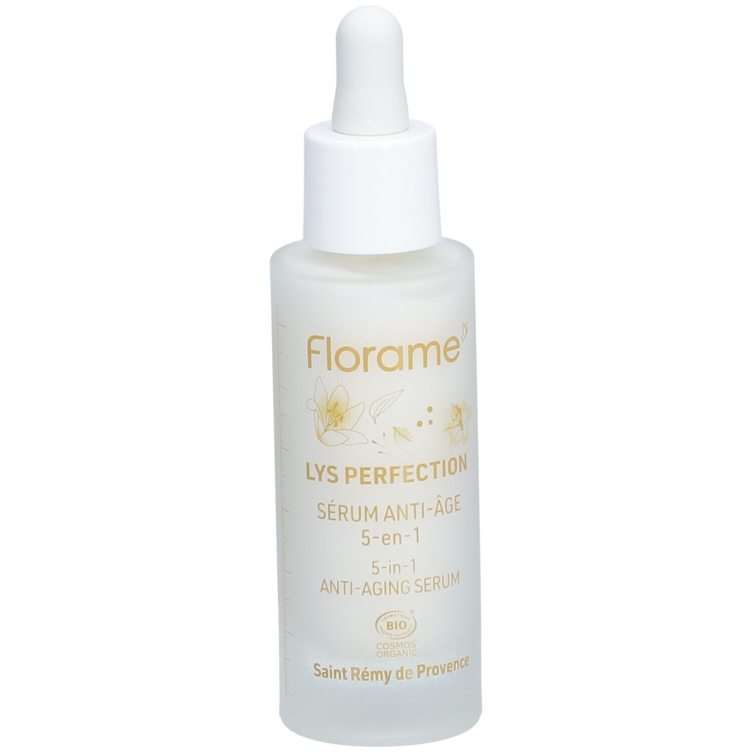 Serumflasche mit Pipette. Aufschrift: Florame, Lys Perfection, Sérum anti-âge 5-en-1, Anti-Aging Serum.