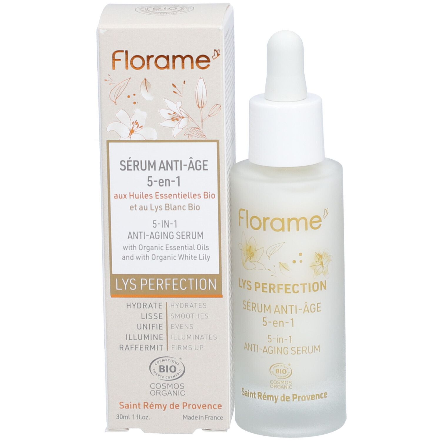Serumflasche und Verpackung. Aufschrift: Florame, Sérum anti-âge 5-en-1, Anti-Aging Serum, Lys Perfection.