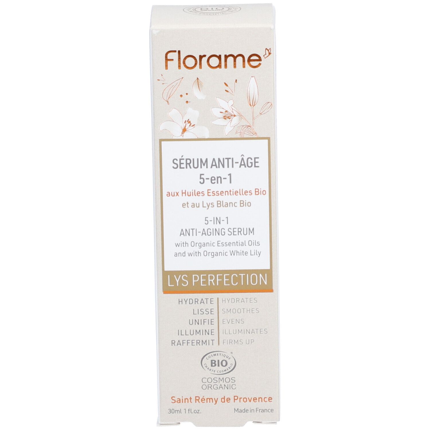 Verpackung. Aufschrift: Florame, Sérum anti-âge 5-en-1, Anti-Aging Serum, Lys Perfection. Bio-Zertifizierung.