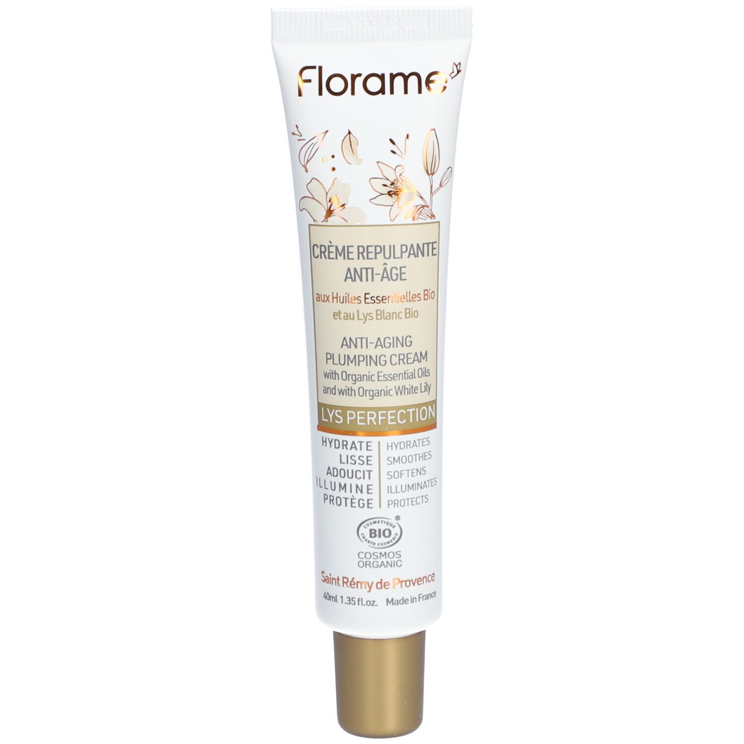 Tube de crème Florame, crème anti-âge, Lys blanc bio. Bouchon doré, fond blanc. Inscriptions en français.