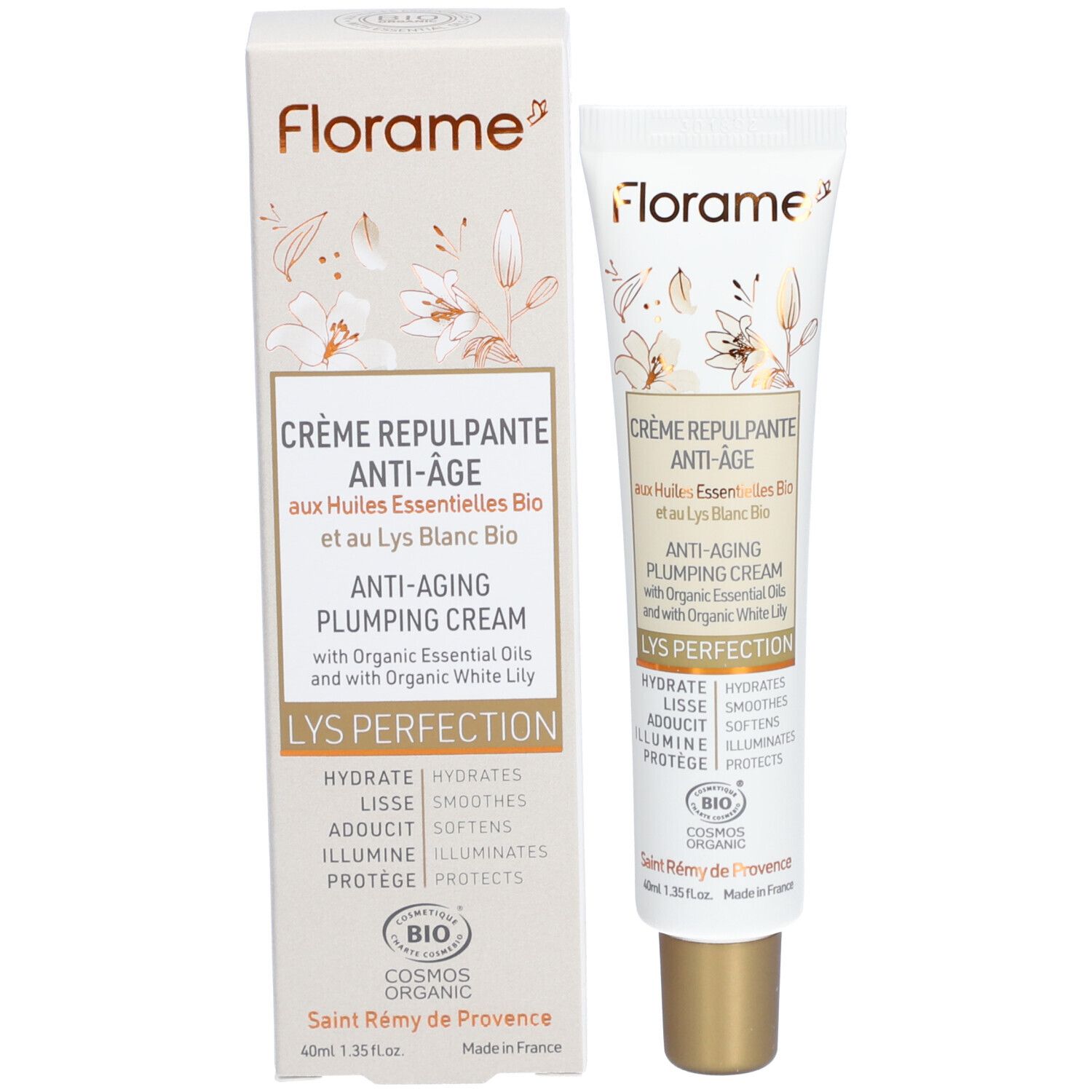 Tube et emballage Florame. Crème Repulpante Anti-Âge, Lys blanc bio. Fond blanc. Inscriptions en français.