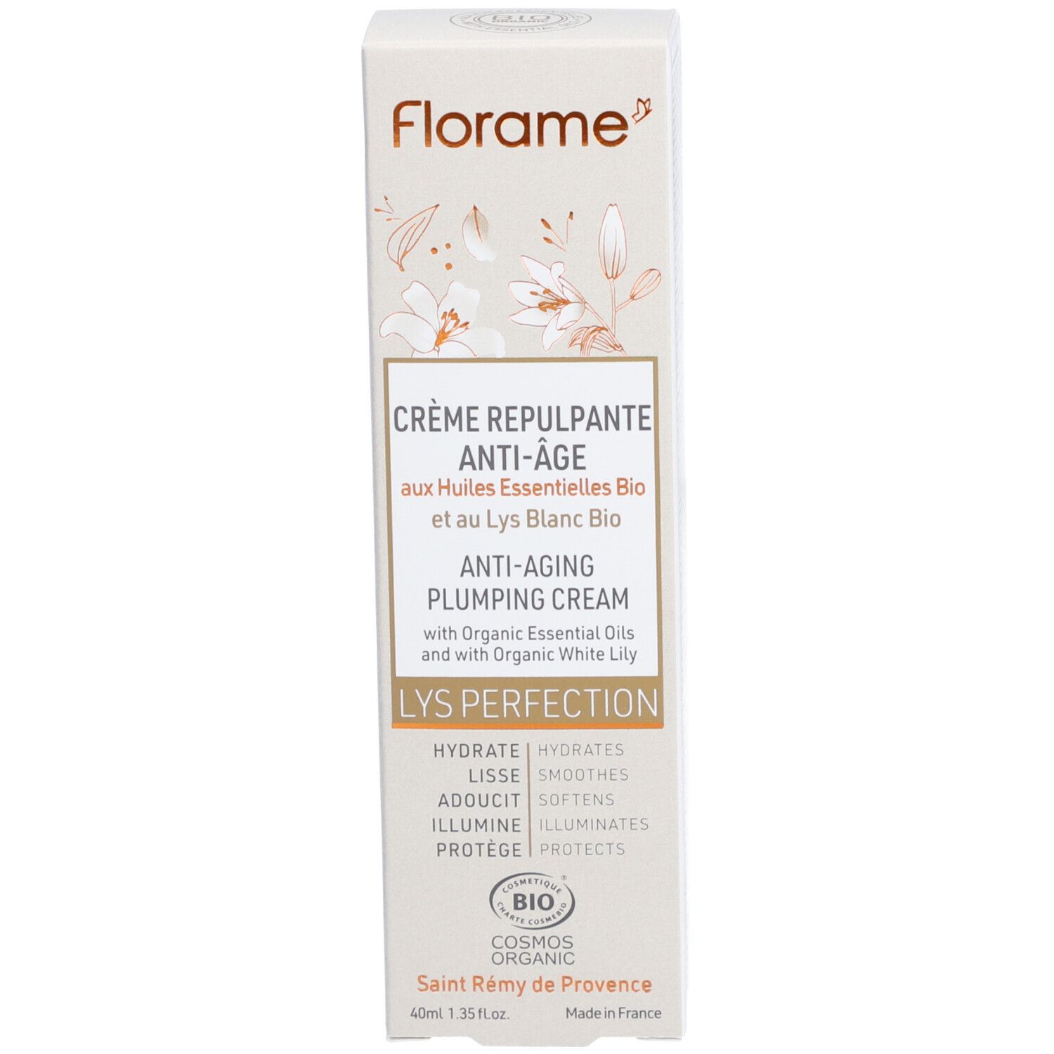 Emballage de la crème. Crème Repulpante Anti-Âge, Lys blanc bio. Fond blanc. Inscriptions en français.