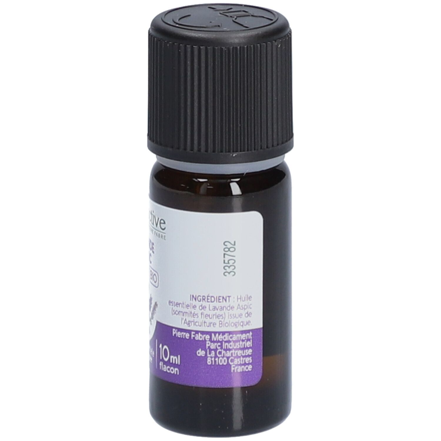 Flacon en verre brun avec bouchon noir. Étiquette avec informations produit et ingrédients.
