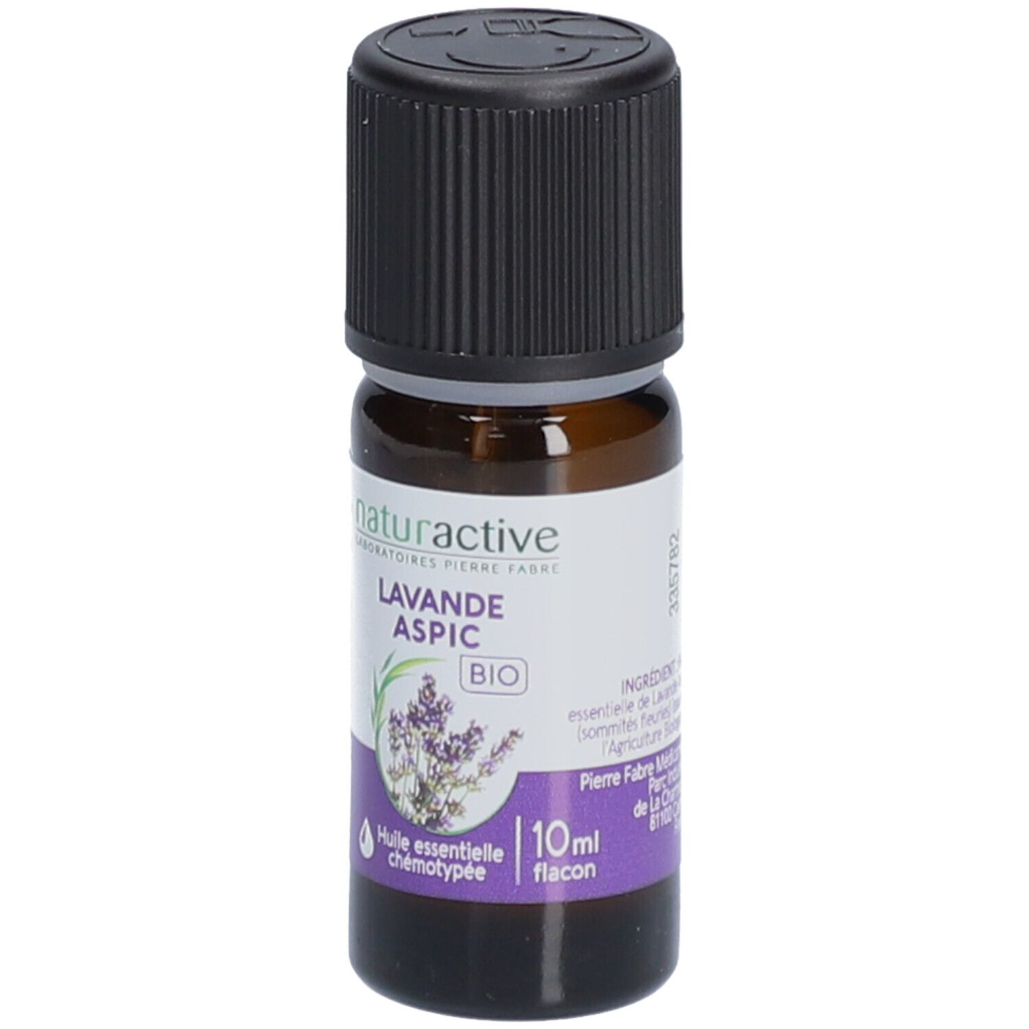 Flacon en verre brun avec bouchon noir. Étiquette avec nom du produit, illustration de lavande et indication 10ml.