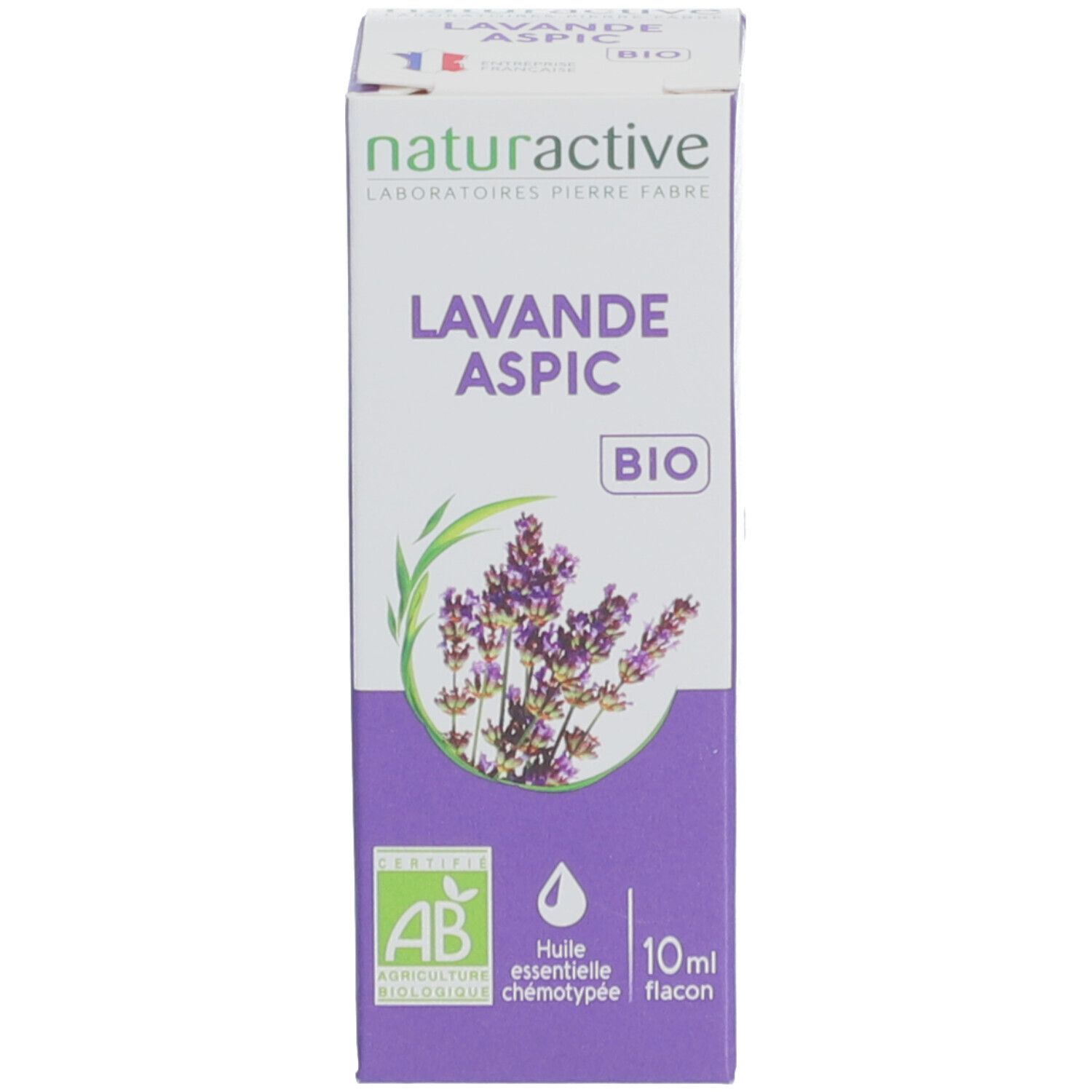 Emballage du produit. Boîte avec nom du produit, illustration de lavande, 10ml et label AB.