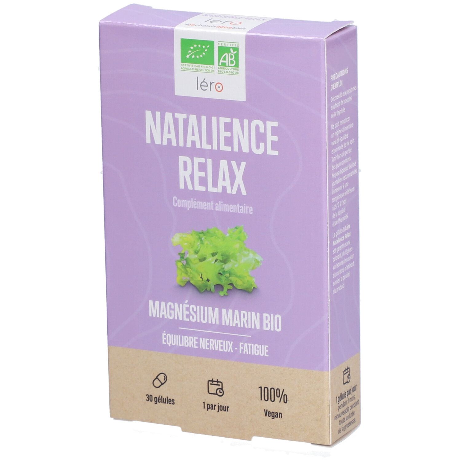Lila Schachtel mit Produktnamen NATALIENCE RELAX. Enthält 30 Kapseln, 100% vegan. Bio-Zertifizierung.