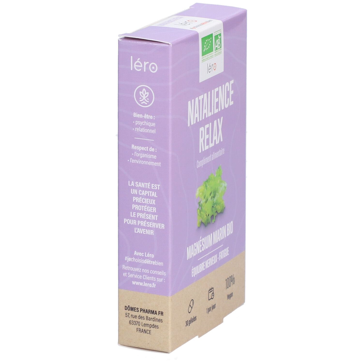 Lila Schachtel mit Produktnamen NATALIENCE RELAX. Logo léro. Bio-Zertifizierung. 30 Kapseln.
