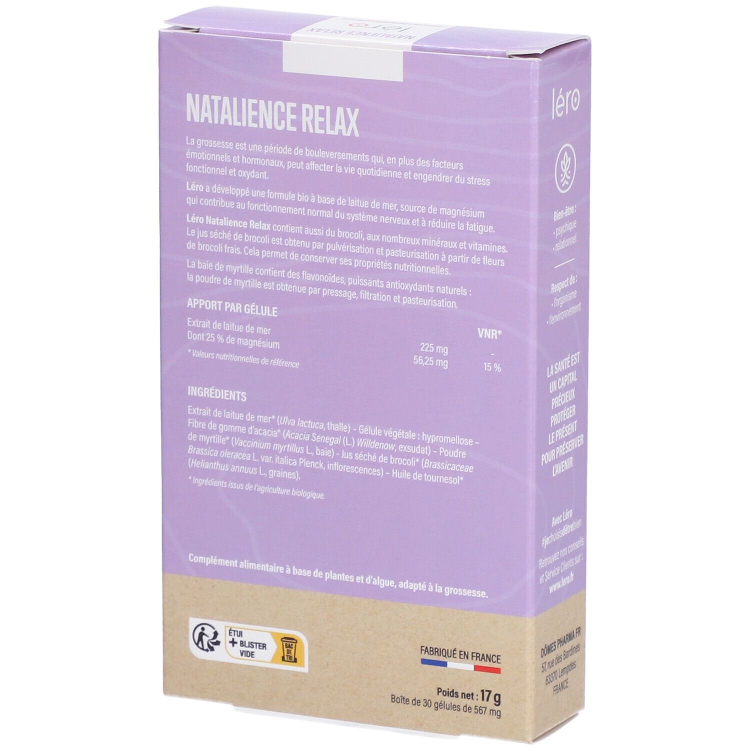Rückseite der lila Schachtel. Produktname NATALIENCE RELAX. Inhaltsstoffe und Nährwertangaben. Hergestellt in Frankreich.
