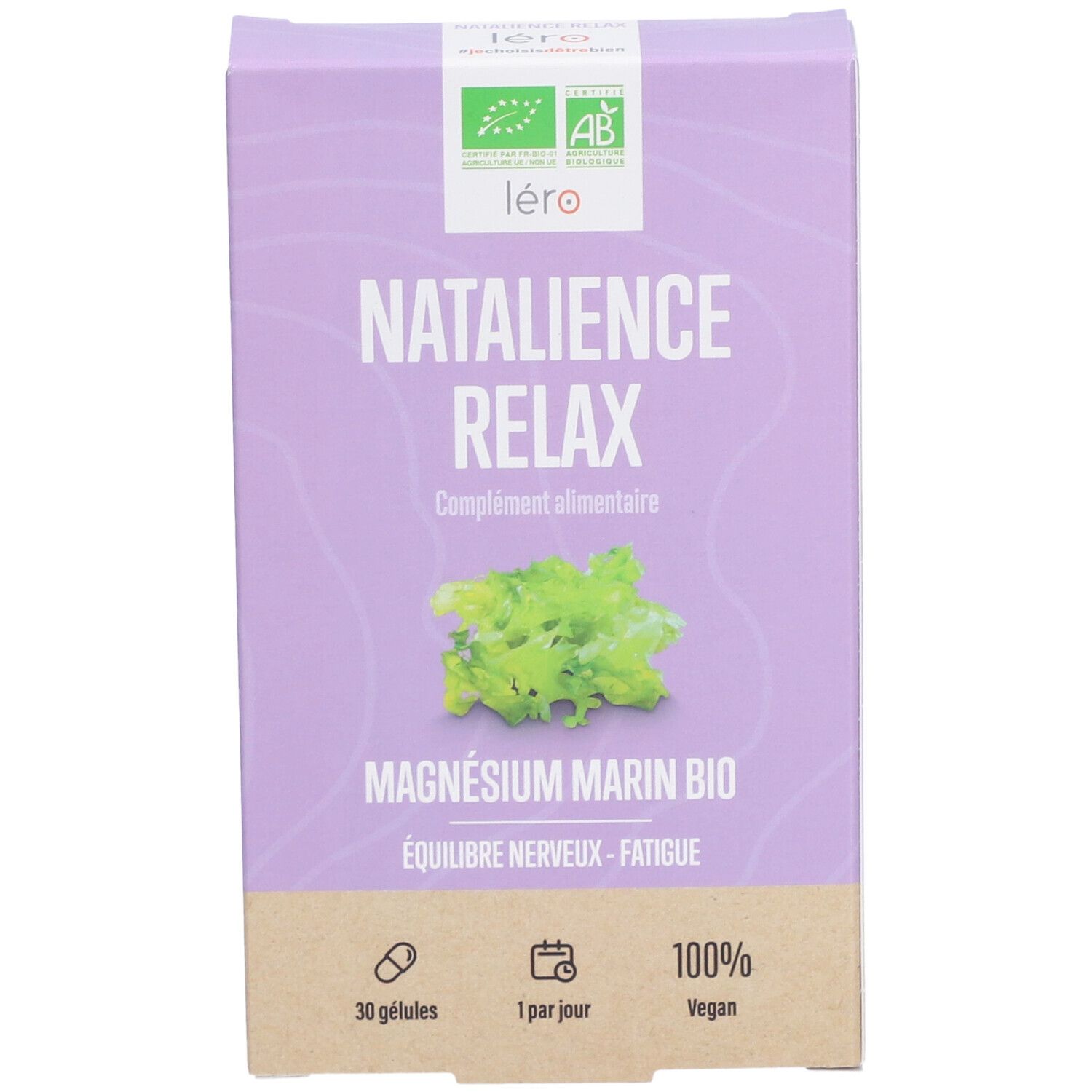 Lila Schachtel mit Produktnamen NATALIENCE RELAX. Enthält 30 Kapseln, 100% vegan. Bio-Zertifizierung.
