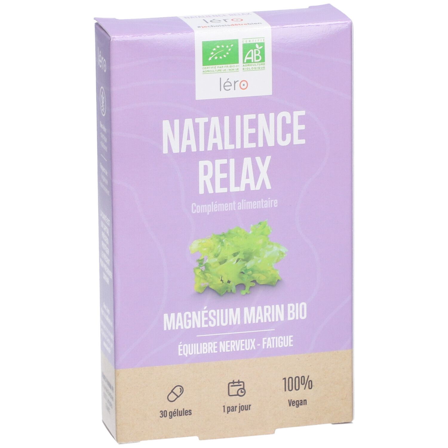 Lila Schachtel mit Produktnamen NATALIENCE RELAX. Enthält 30 Kapseln, 100% vegan. Bio-Zertifizierung.