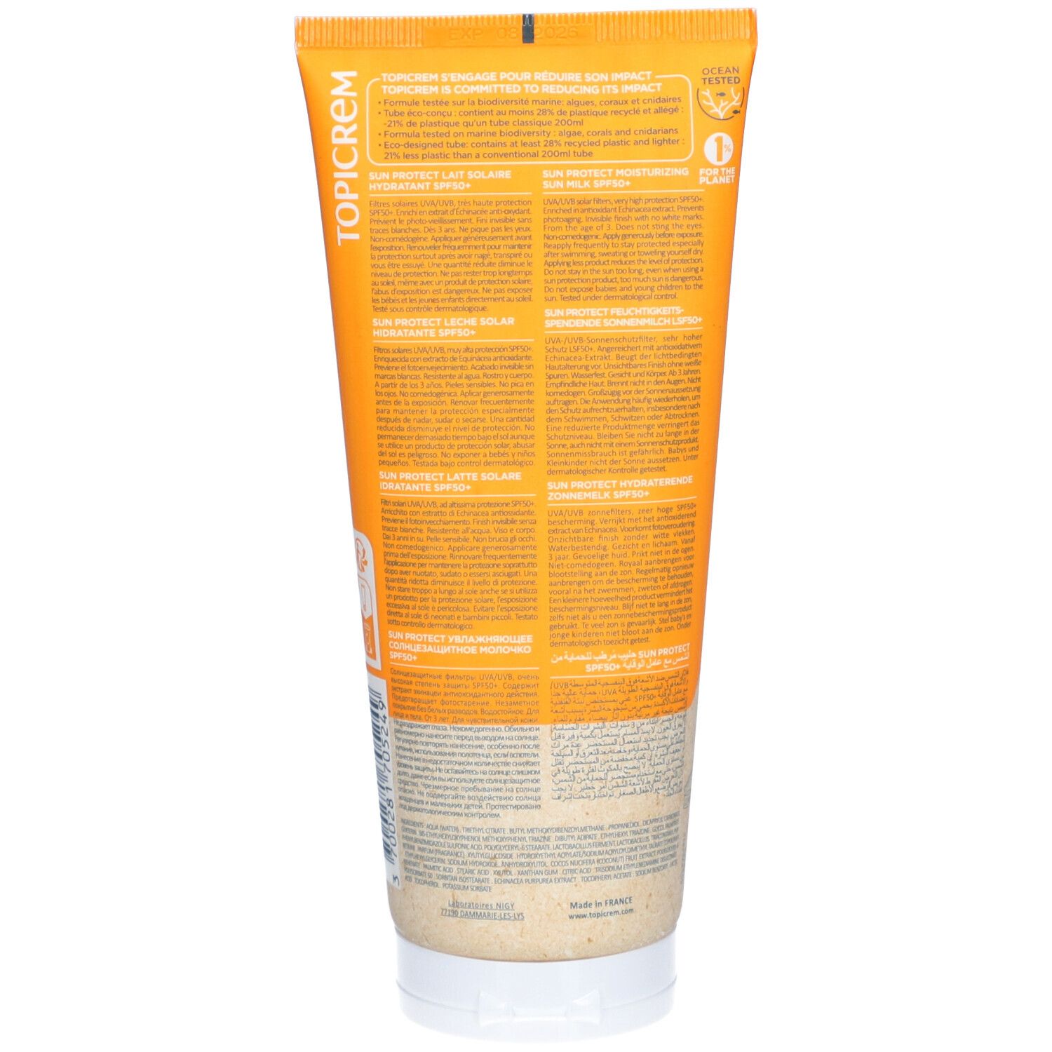 Dos du tube Topicrem Sun Protect. Textes multilingues. Informations sur l'utilisation et les ingrédients.