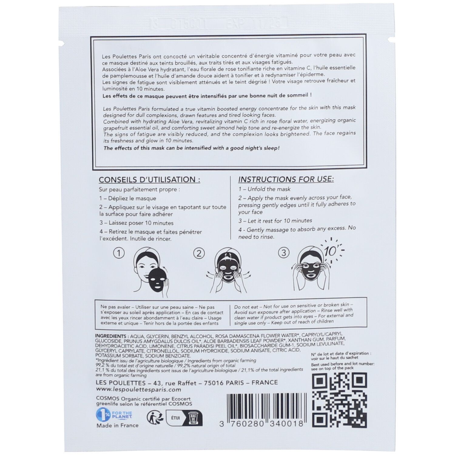 Sachet de masque facial Les Poulettes Paris. Texte: COSMOS Organic, instructions et ingrédients. Illustration d'utilisation.