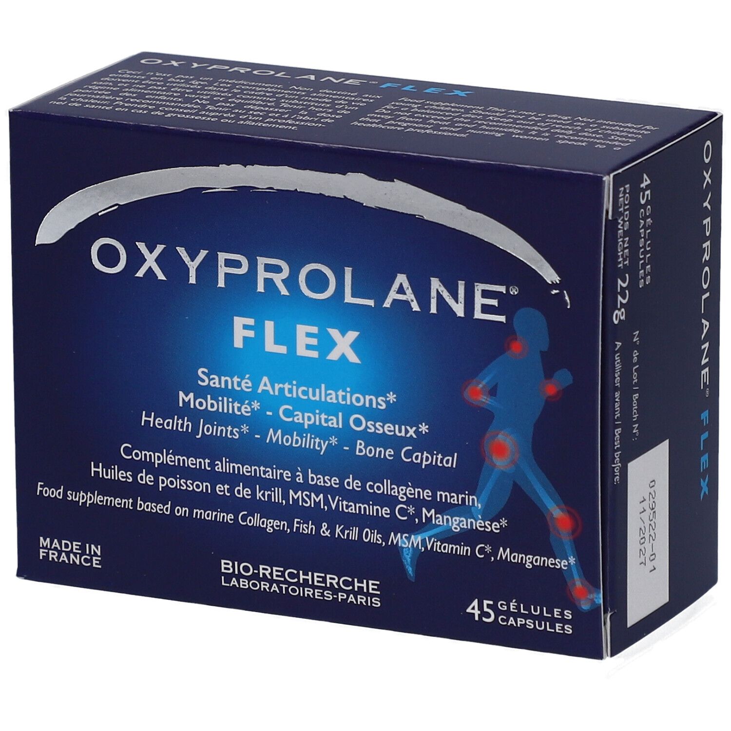 Boîte bleue foncée "OXYPROLANE FLEX". Contient 45 gélules. Texte: Santé Articulations, Mobilité, Capital Osseux. Fabriqué en France.