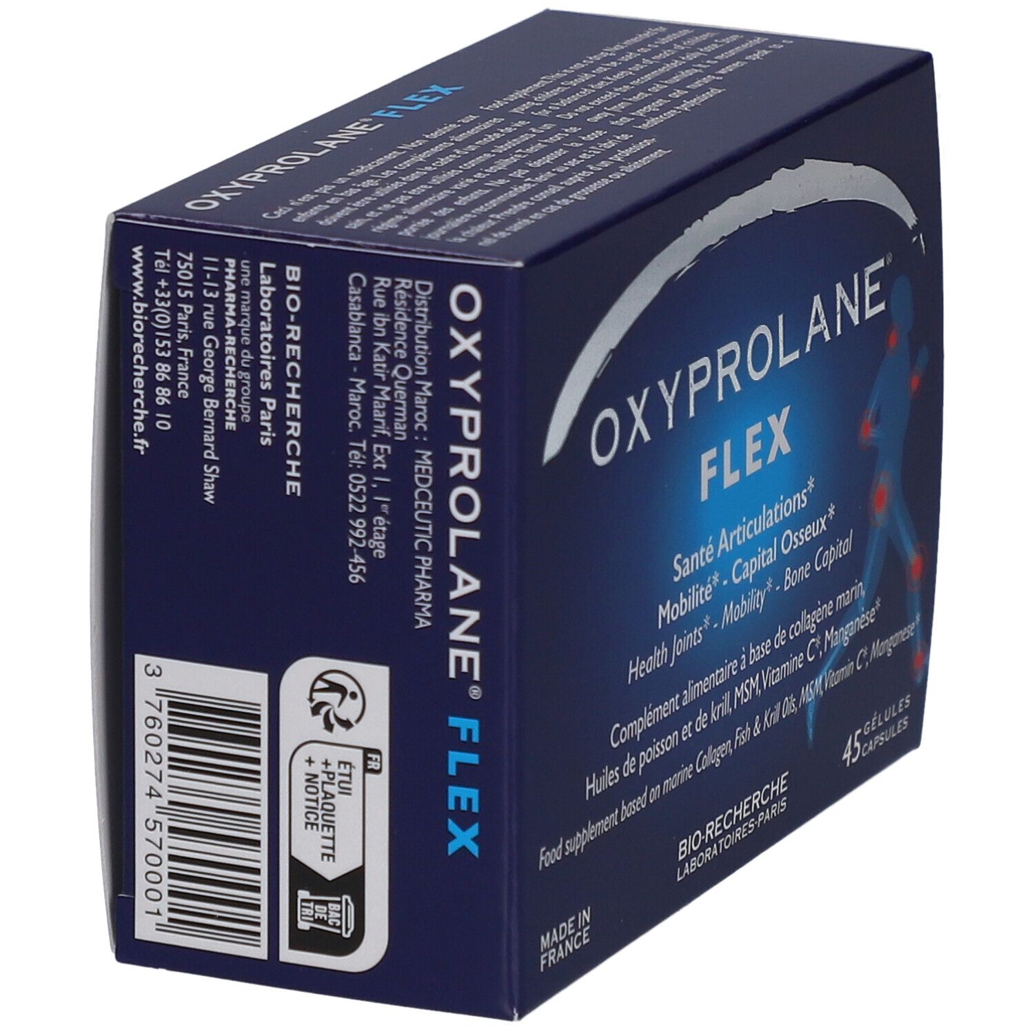 Boîte bleue foncée "OXYPROLANE FLEX". Contient 45 gélules. Texte: Santé Articulations, Mobilité, Capital Osseux. Made in France.