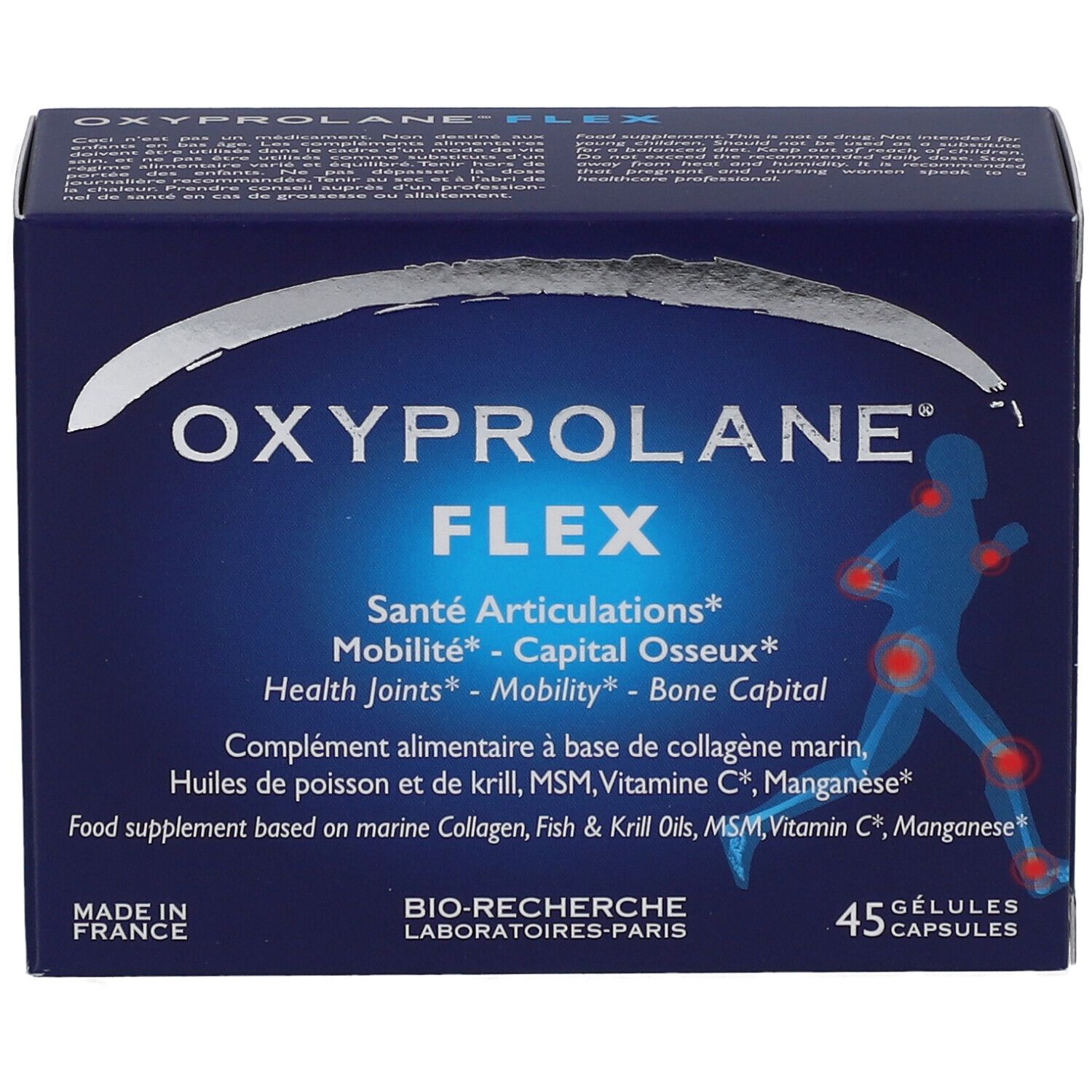 Boîte bleue foncée "OXYPROLANE FLEX". Contient 45 gélules. Texte: Santé Articulations, Mobilité, Capital Osseux. Made in France.