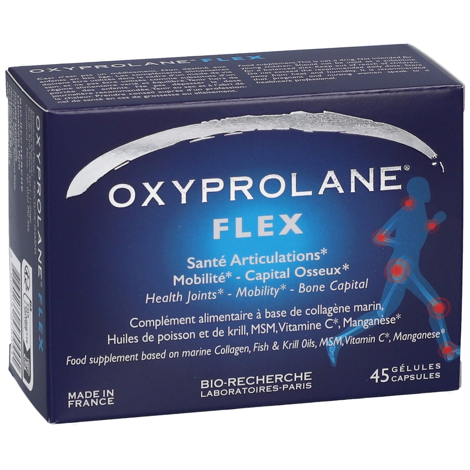 Boîte bleue foncée "OXYPROLANE FLEX". Contient 45 gélules. Texte: Santé Articulations, Mobilité, Capital Osseux. Made in France.