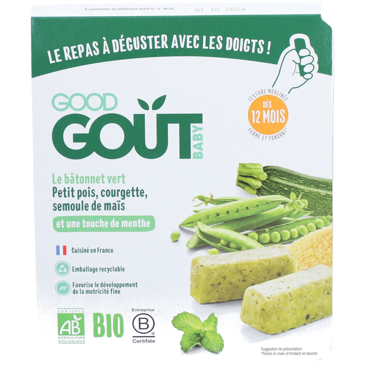 Boîte GOOD GOUT BABY. Illustration de bâtonnets verts, pois, courgettes. Inscription: Bio, Emballage recyclable.