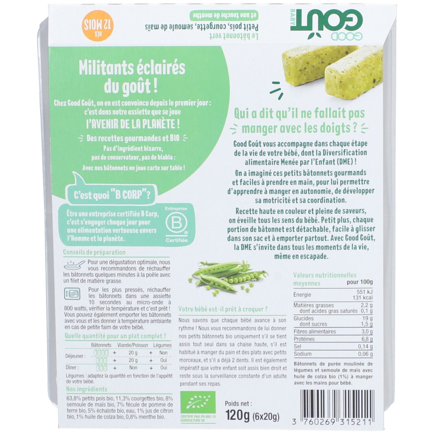 Dos de la boîte. Texte et informations nutritionnelles. Illustration de bâtonnets verts et petits pois. Certification Bio.