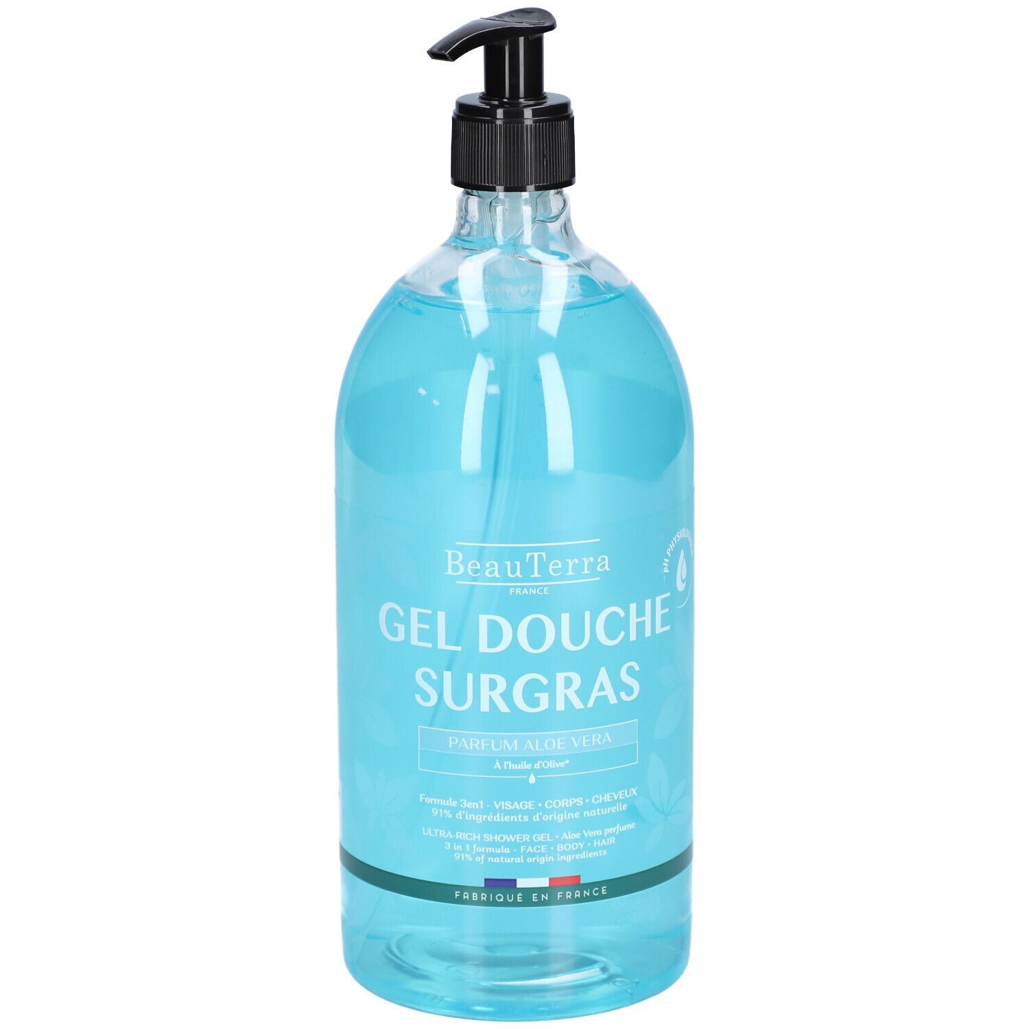 Flacon transparent de gel douche bleu. Distributeur noir. Inscription: BeauTerra, Gel Douche Surgras, Parfum Aloe Vera.