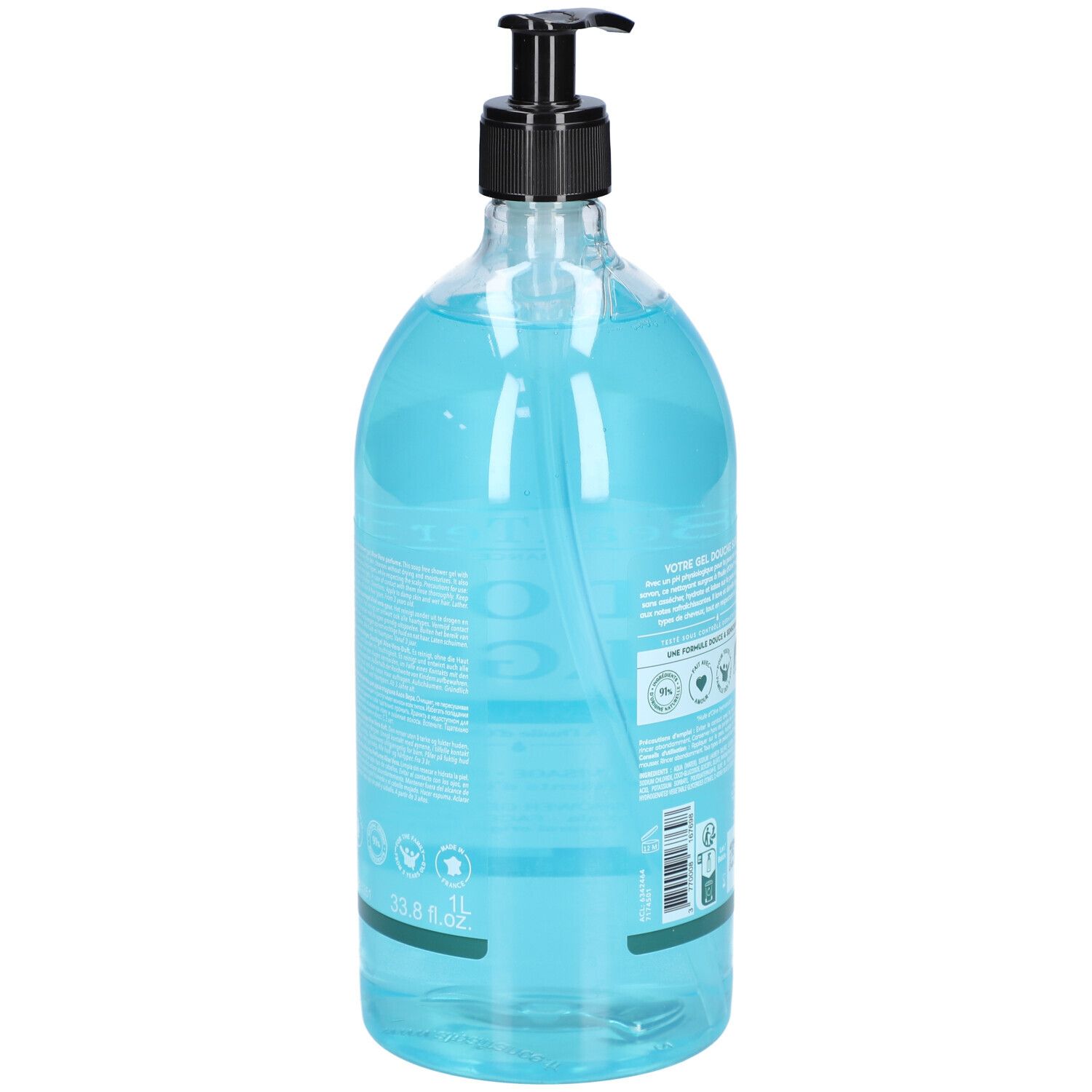 Dos d'un flacon transparent de gel douche bleu. Distributeur noir. Texte et logos sur l'étiquette.