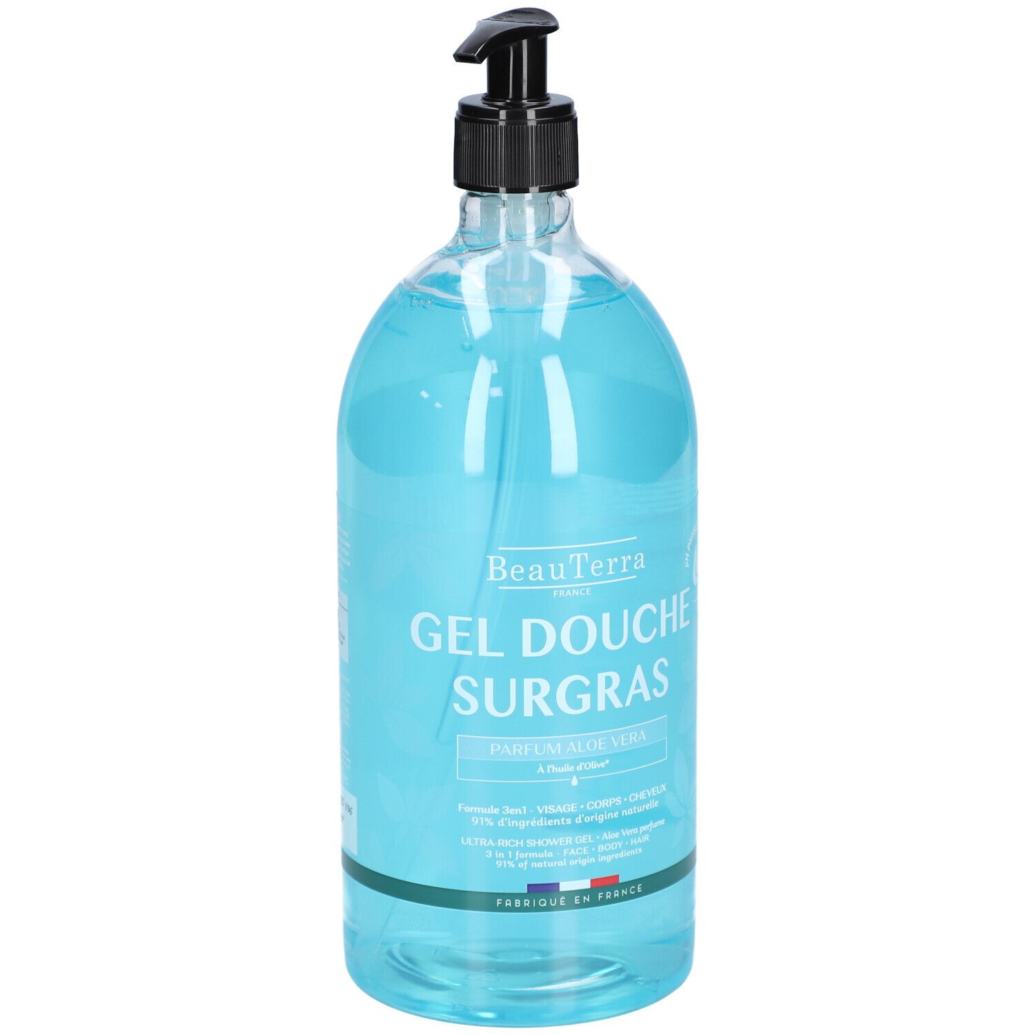 Flacon transparent de gel douche bleu. Distributeur noir. Inscription: BeauTerra, Gel Douche Surgras, Parfum Aloe Vera.