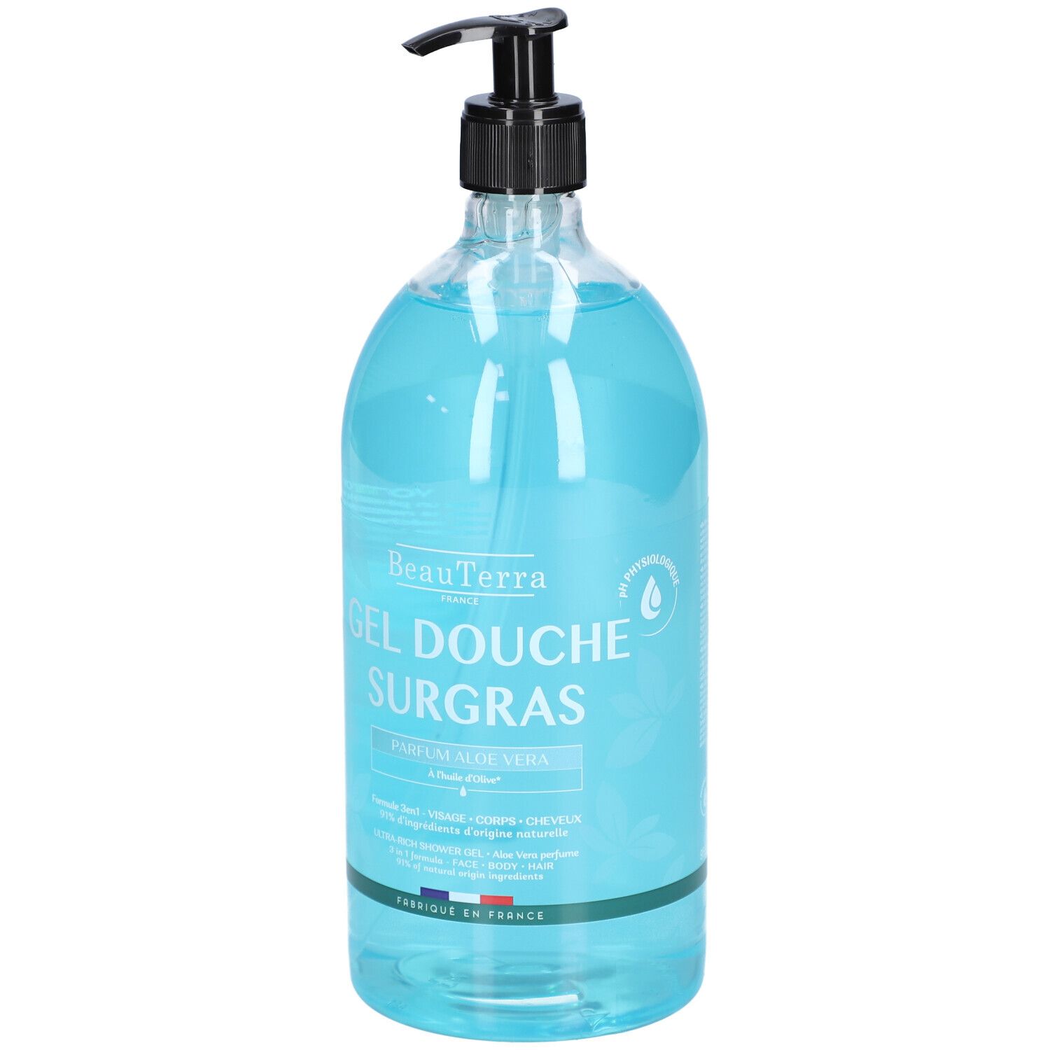 Flacon transparent de gel douche bleu. Distributeur noir. Inscription: BeauTerra, Gel Douche Surgras, Parfum Aloe Vera.