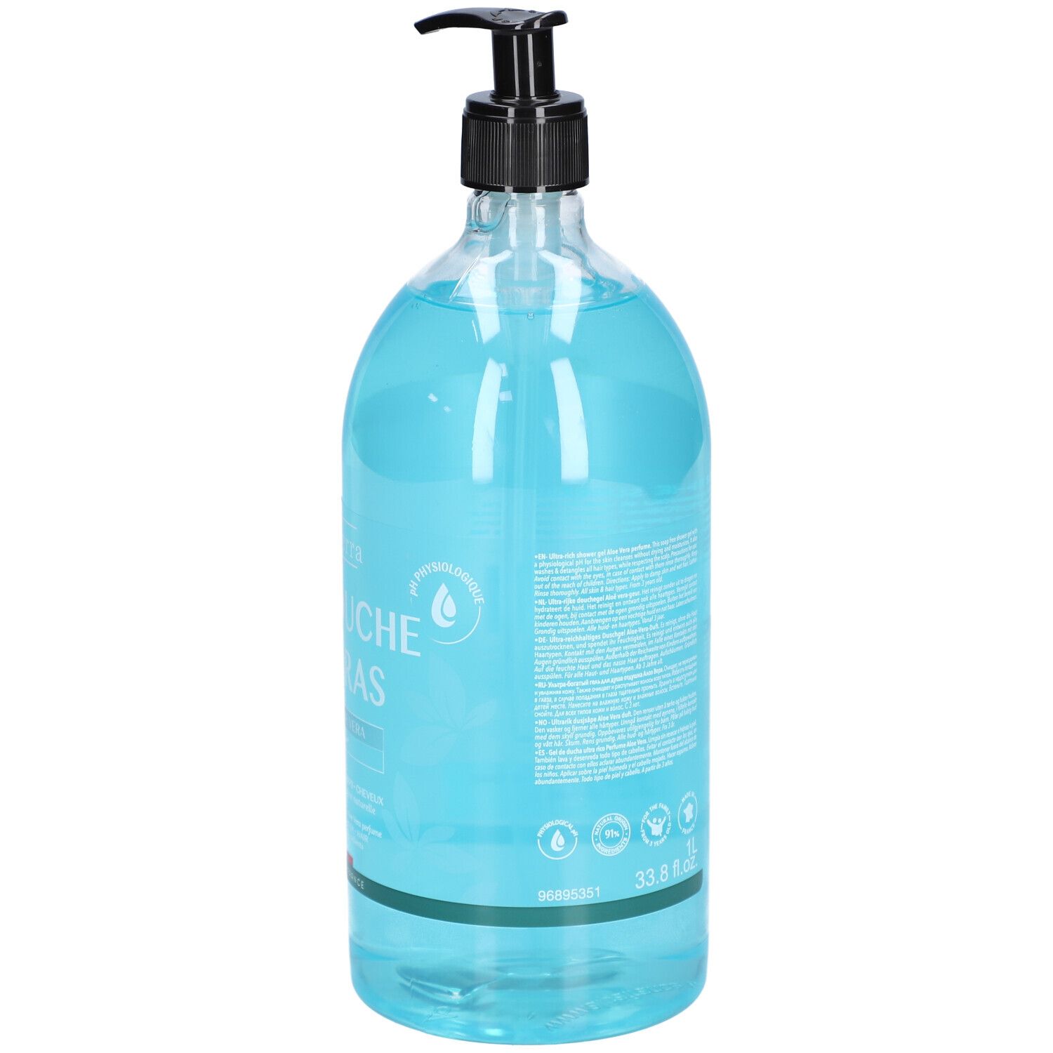 Dos d'un flacon transparent de gel douche bleu. Distributeur noir. Texte et logos sur l'étiquette.