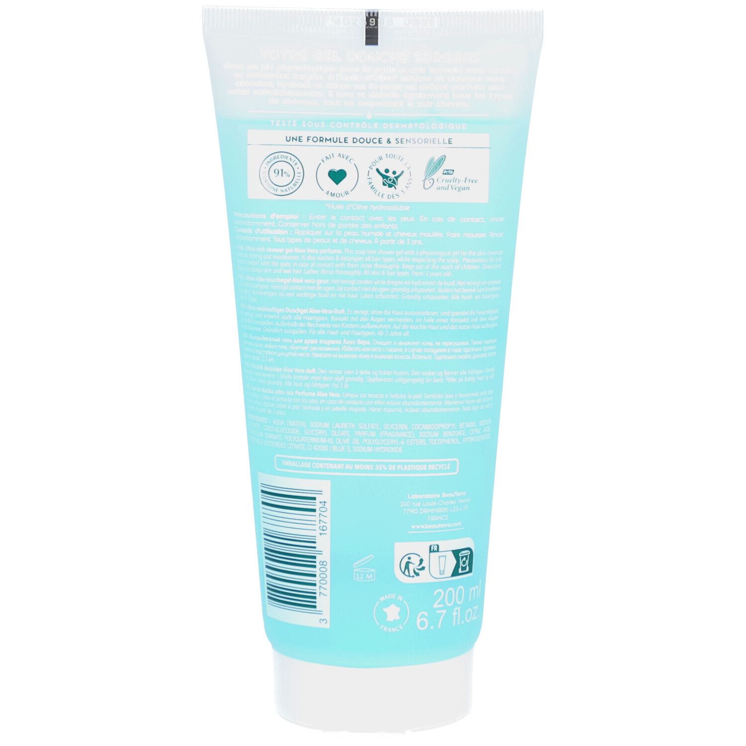 Rückseite der Tube. Text mit Informationen. Logo mit 99% Inhaltsstoffen natürlichen Ursprungs. Vegan-Logo. Volumen: 200 ml.